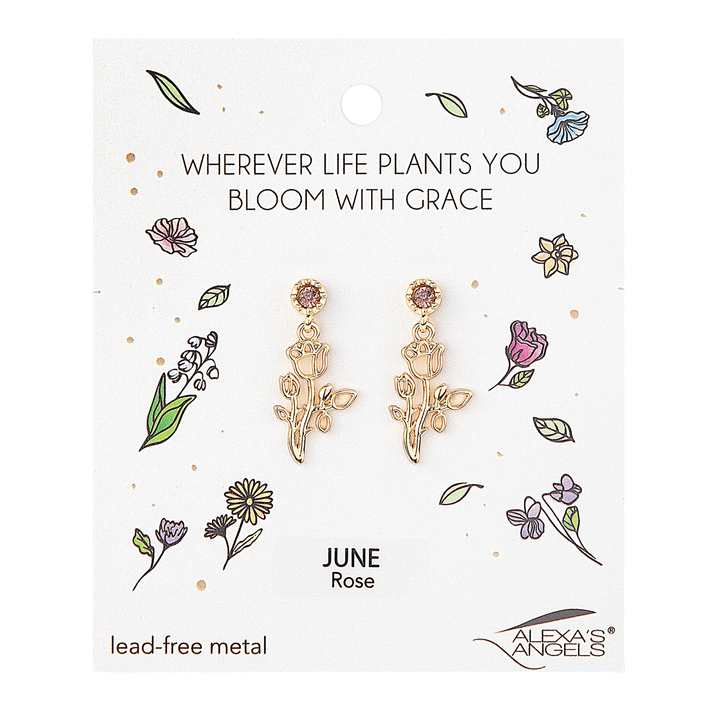 Pair of gold earrings on a 'June Rose' themed card with floral designs and text.