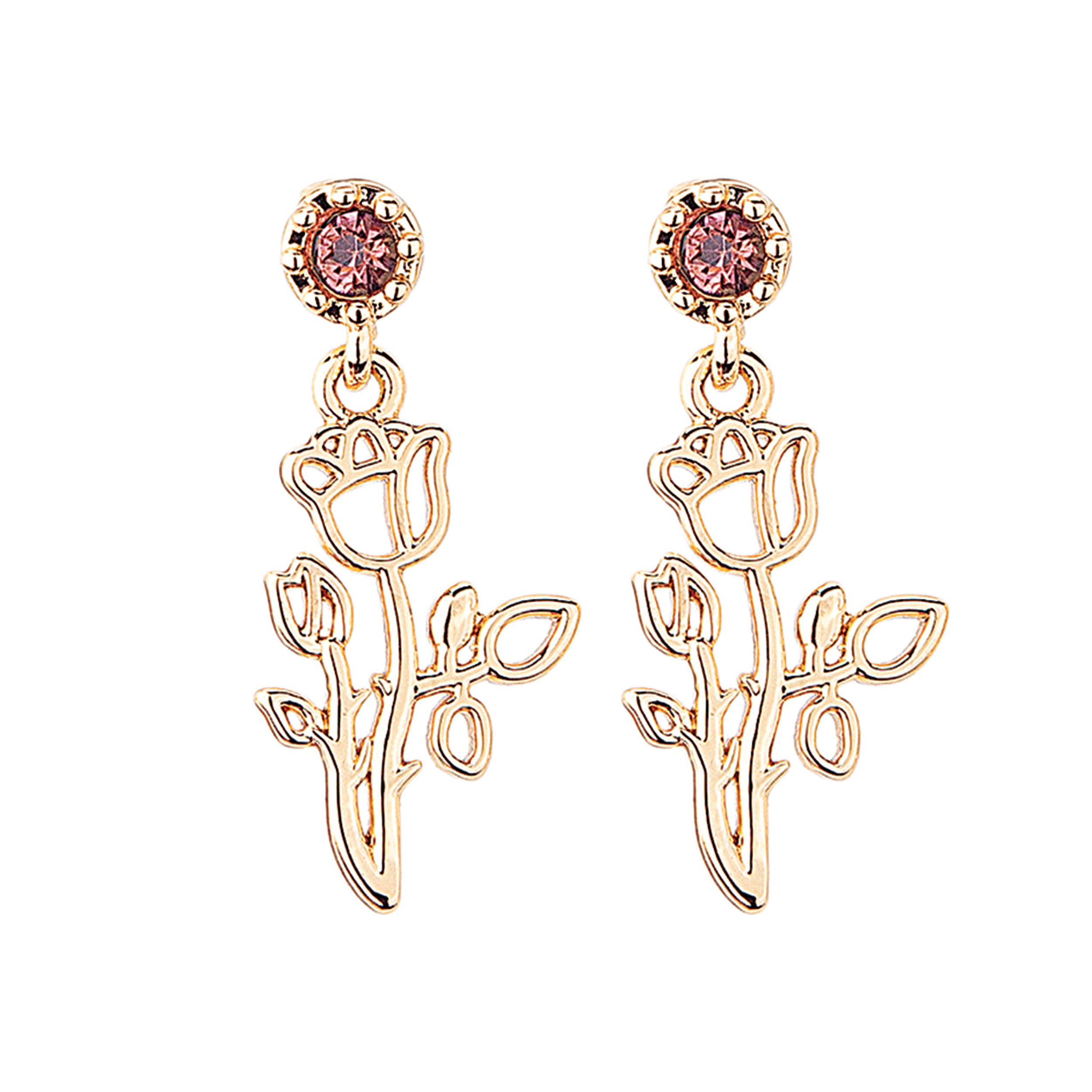 Rose gold earrings with pink gemstones on a white background