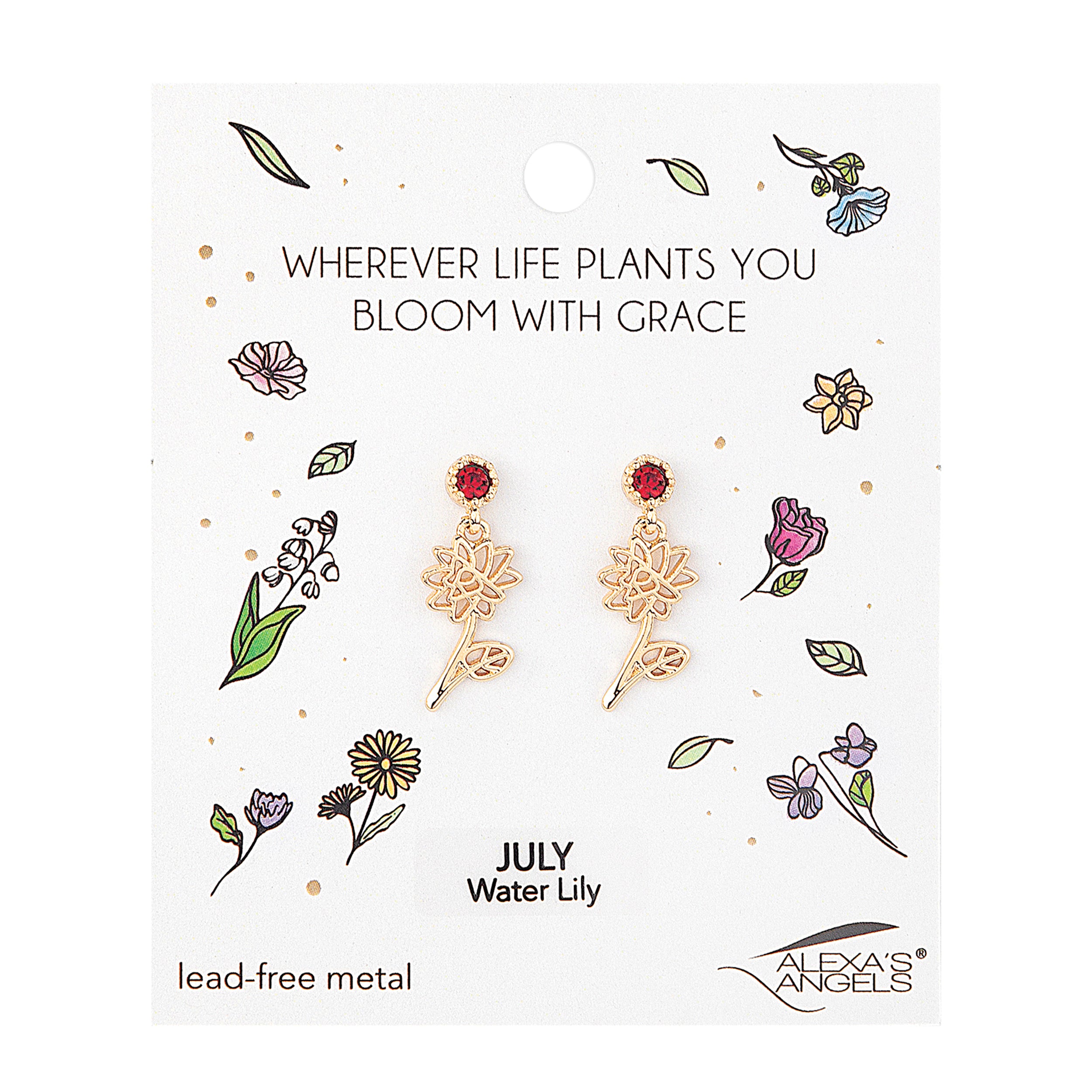 Earring set with floral design on a white card featuring text and brand name.