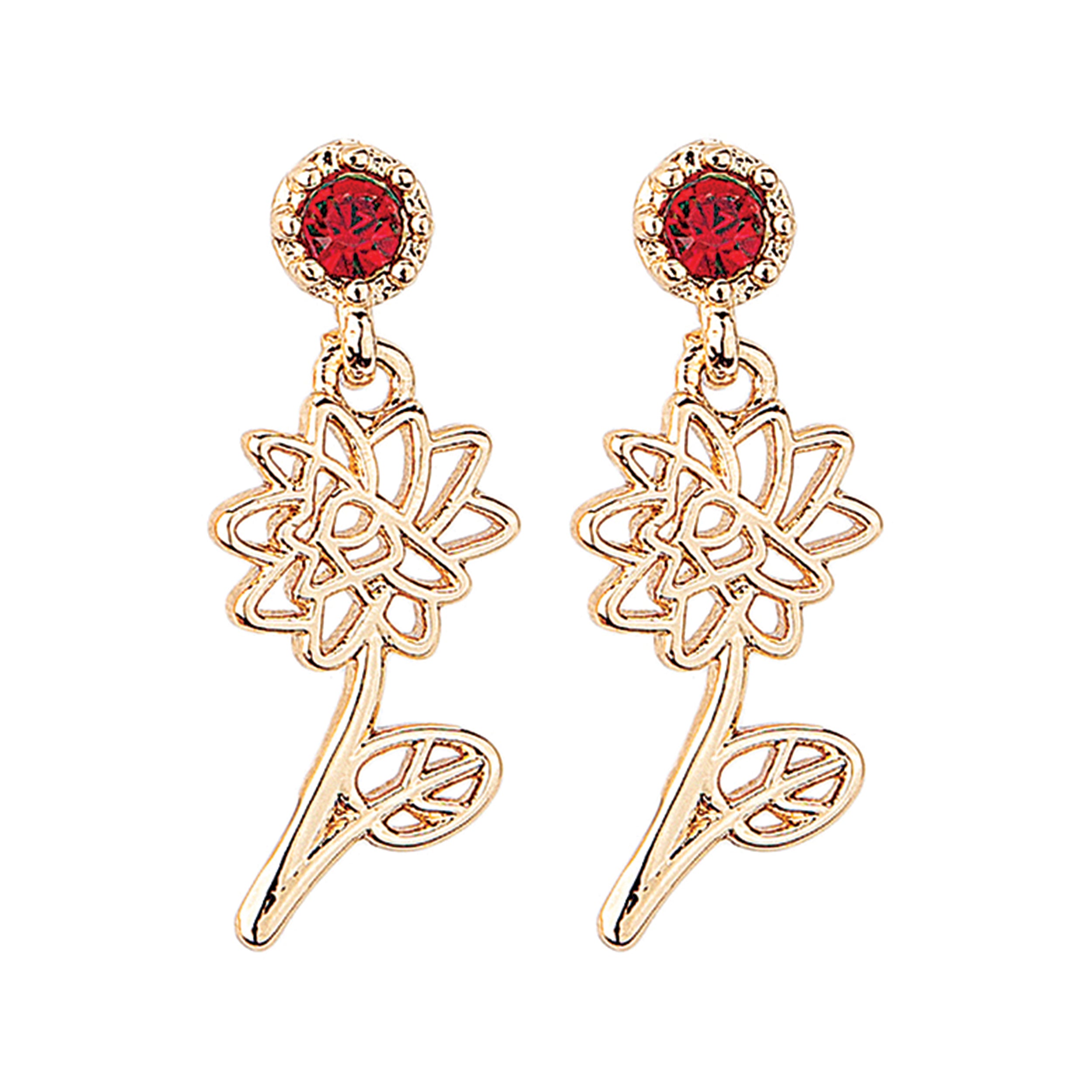 Rose gold earrings with red gemstones on a white background
