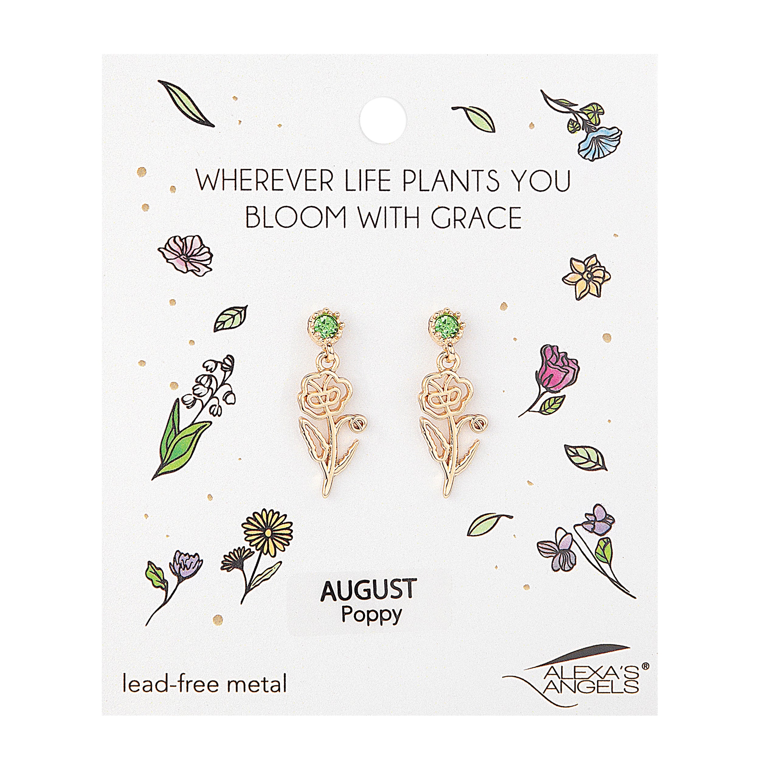Pair of gold floral earrings on a white card with decorative elements and text.