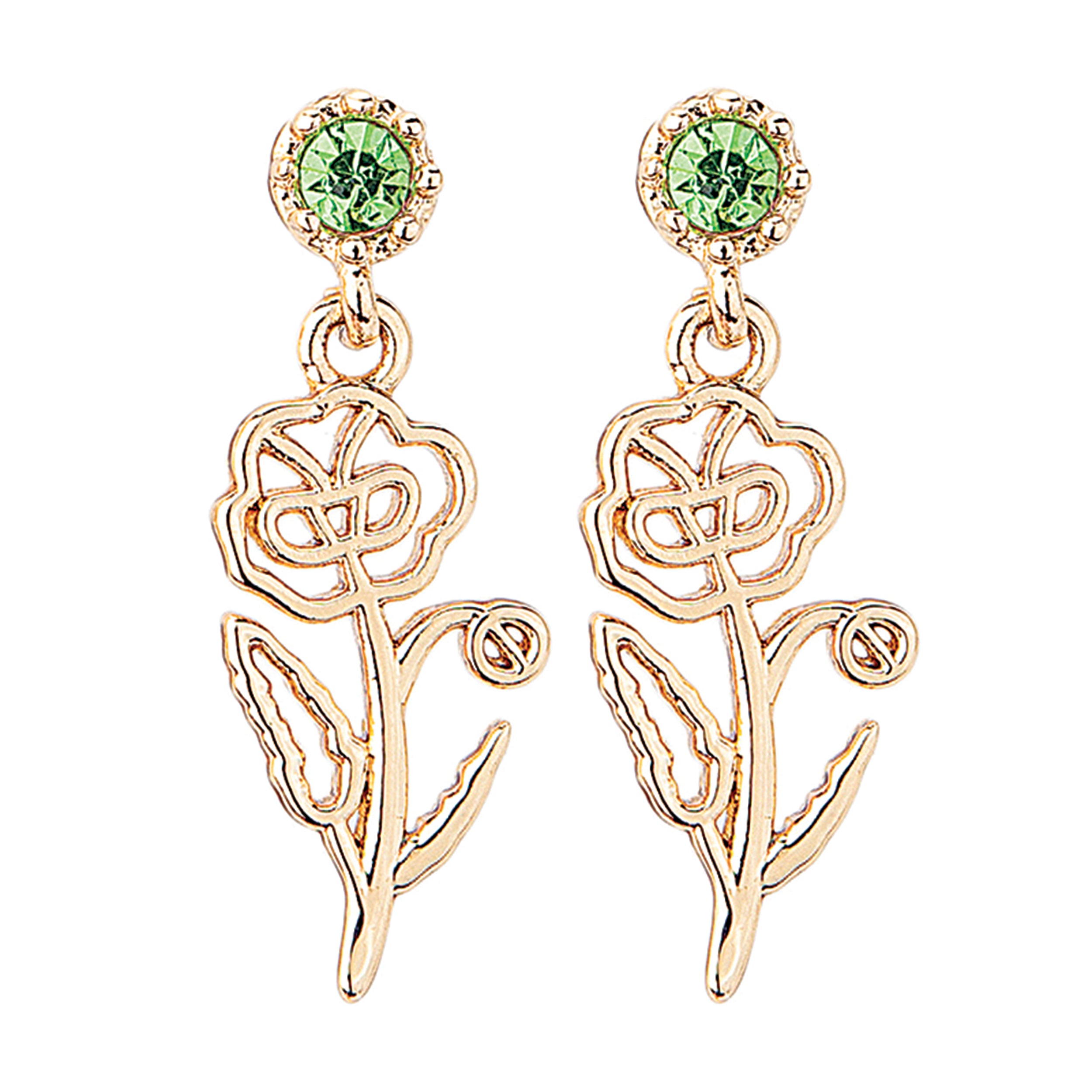 Gold rose-shaped earrings with green gemstones on a white background