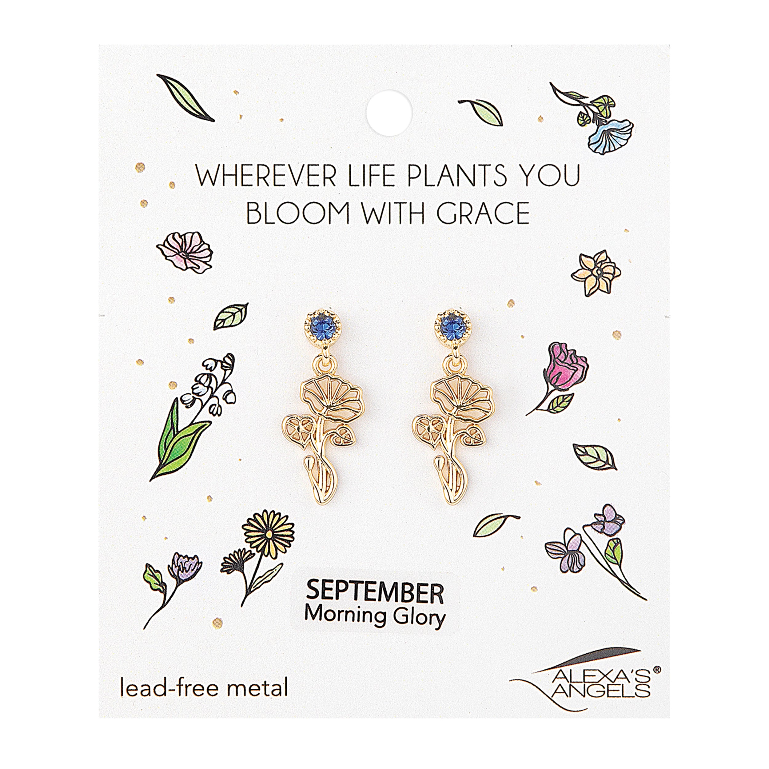 Pair of gold floral earrings on a branded card with decorative elements and text.
