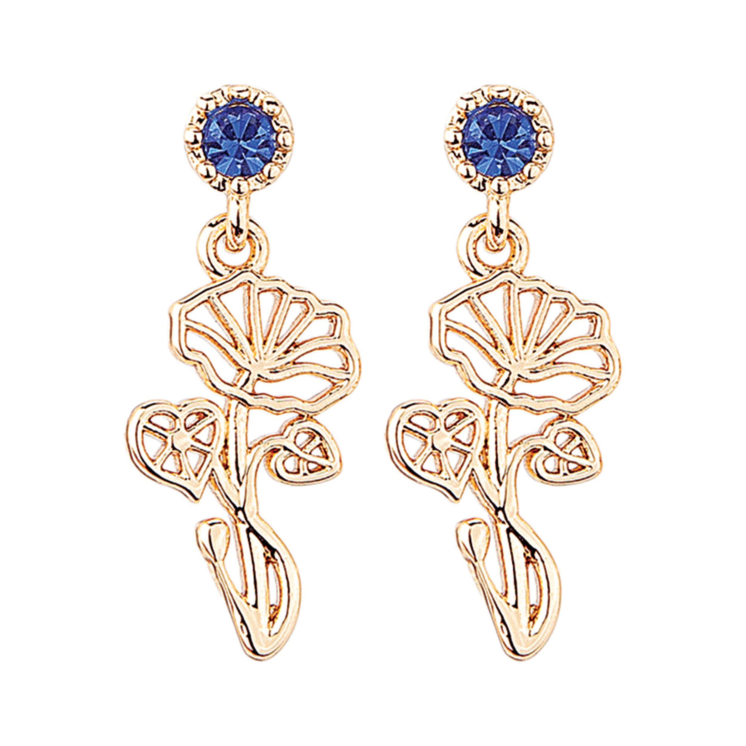 Rose gold floral earrings with blue gemstones on a white background