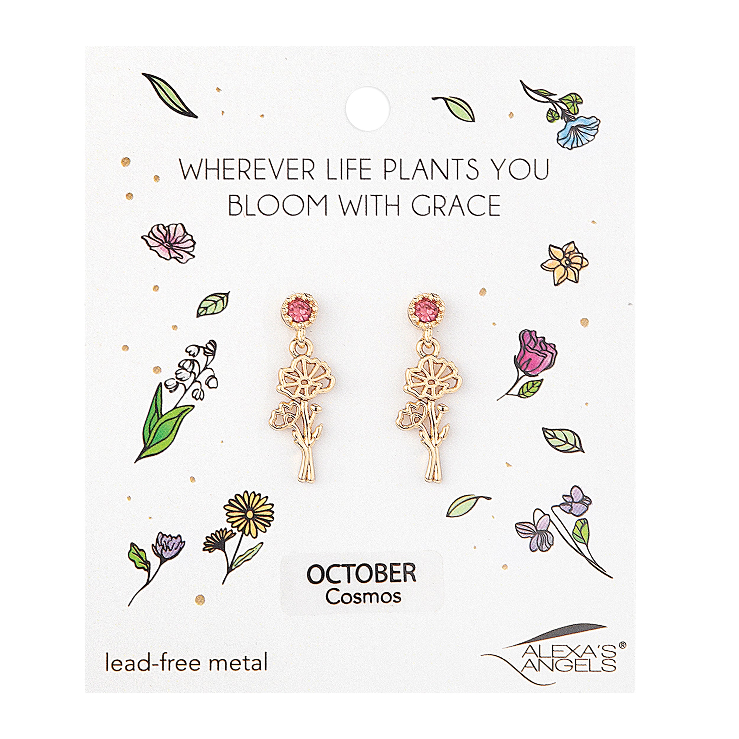 Earring packaging with floral designs and text on a white background