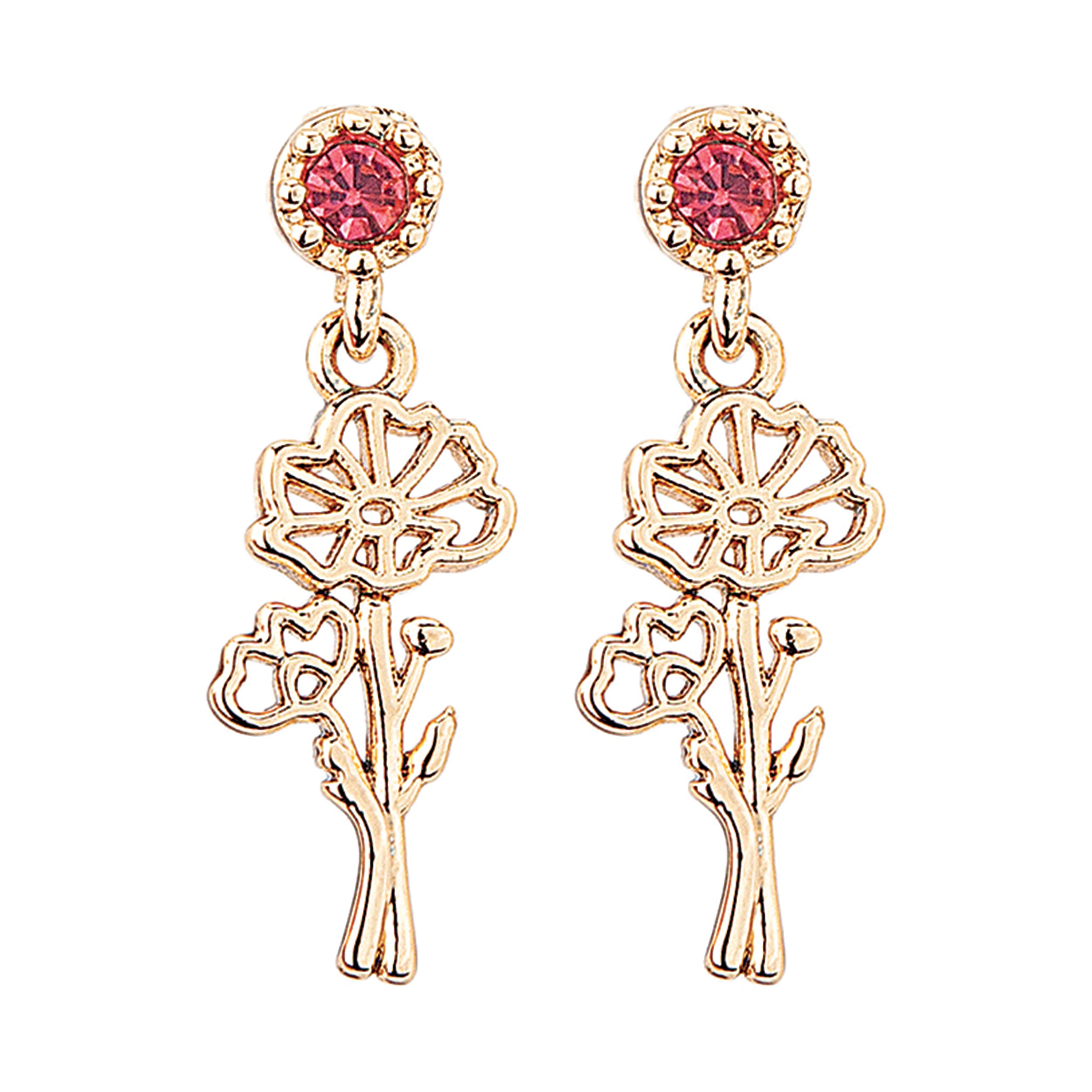 Rose gold floral earrings with red gemstones on a white background