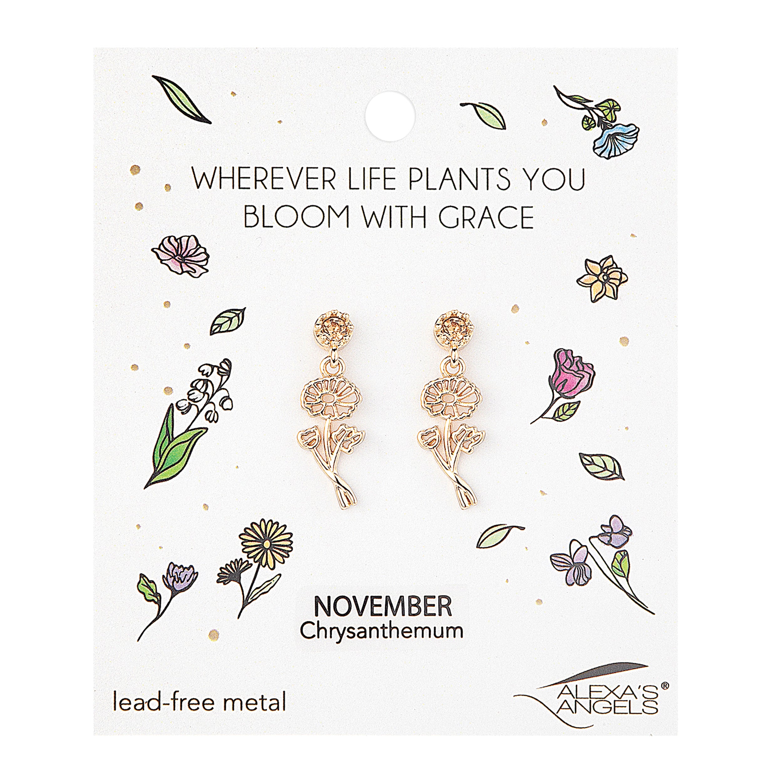 Earring set on a card with floral designs and text, featuring 'Alexa's Angels' brand.