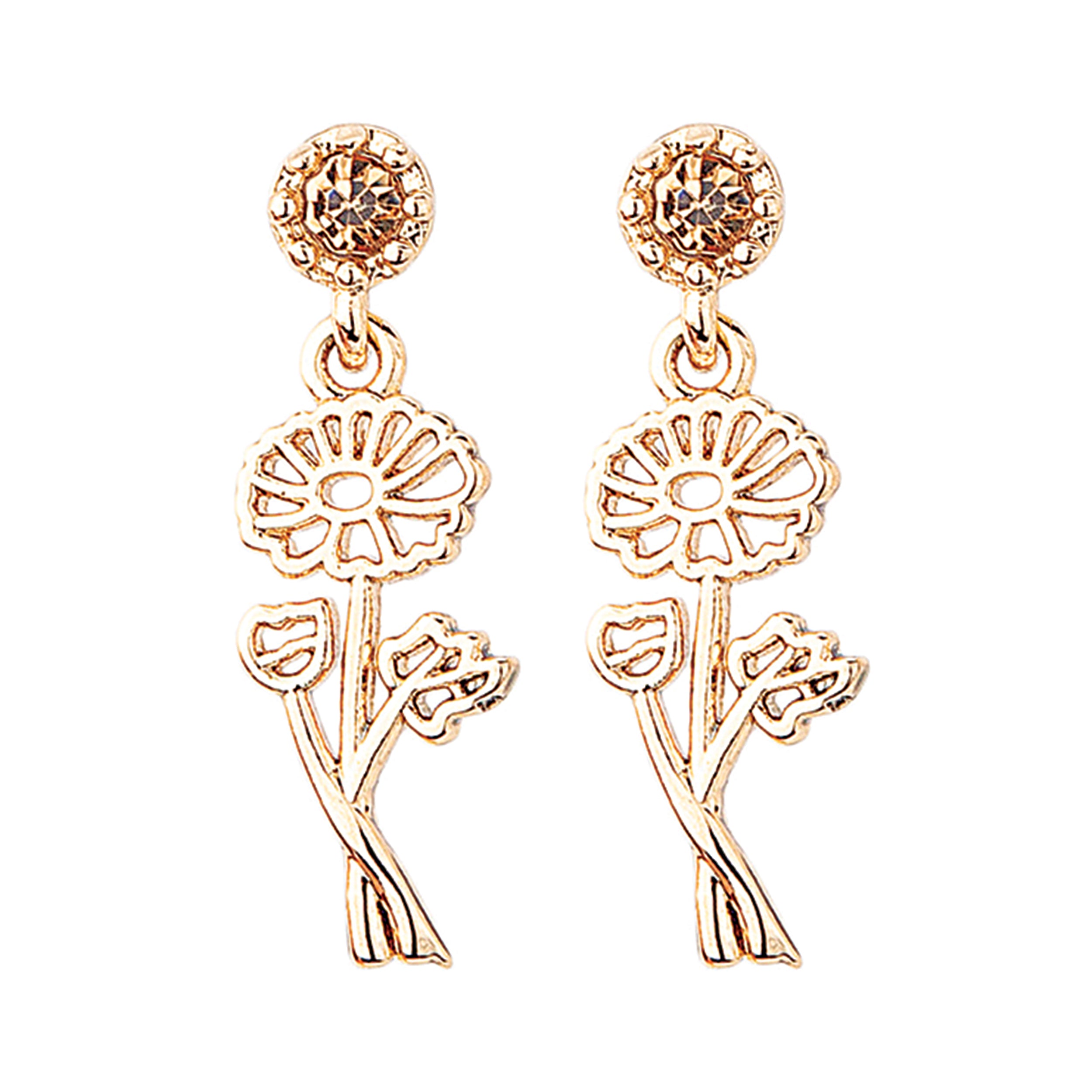 Rose gold floral earrings on a white background