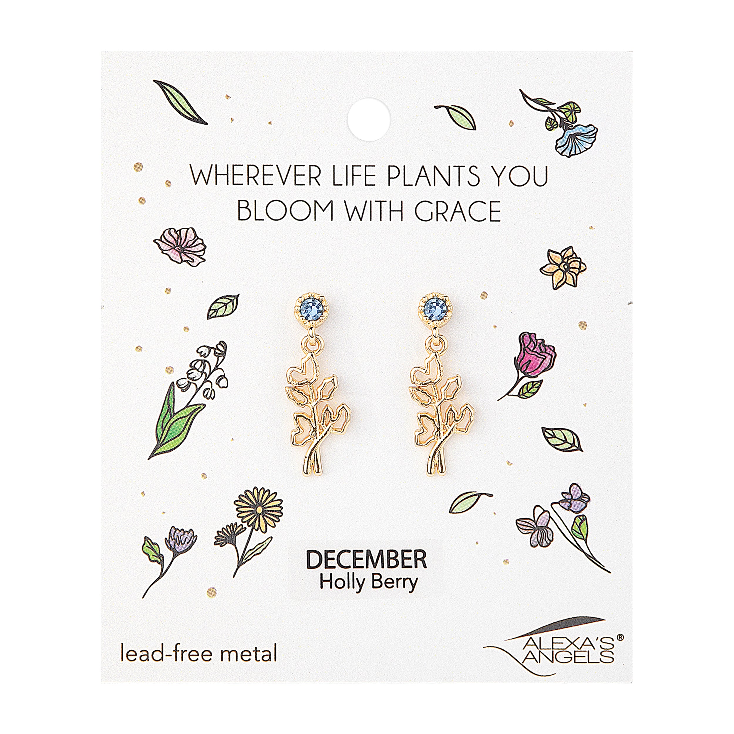 Earring card with floral designs and text on a white background