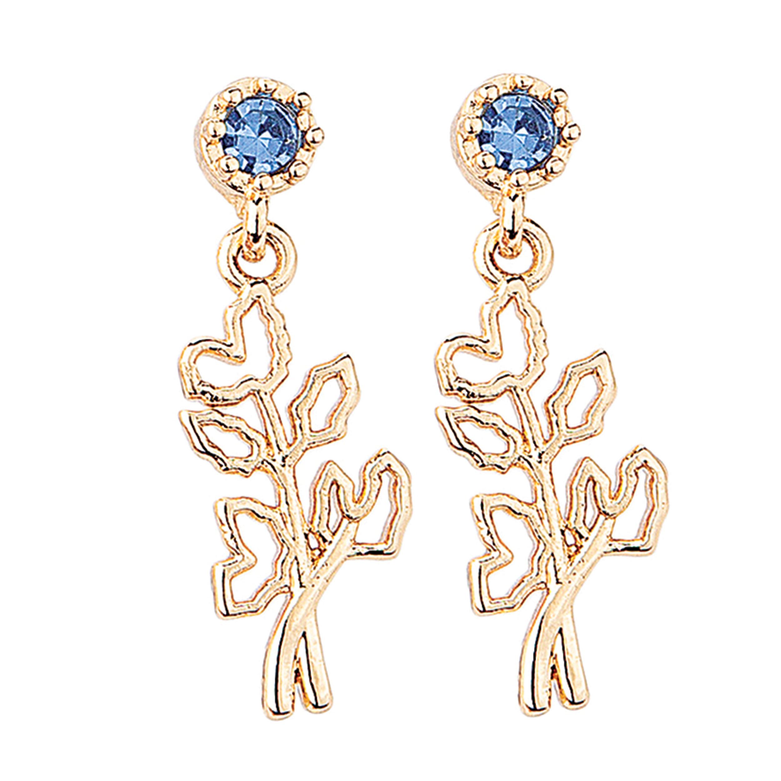 Gold earrings with blue gemstones on a white background