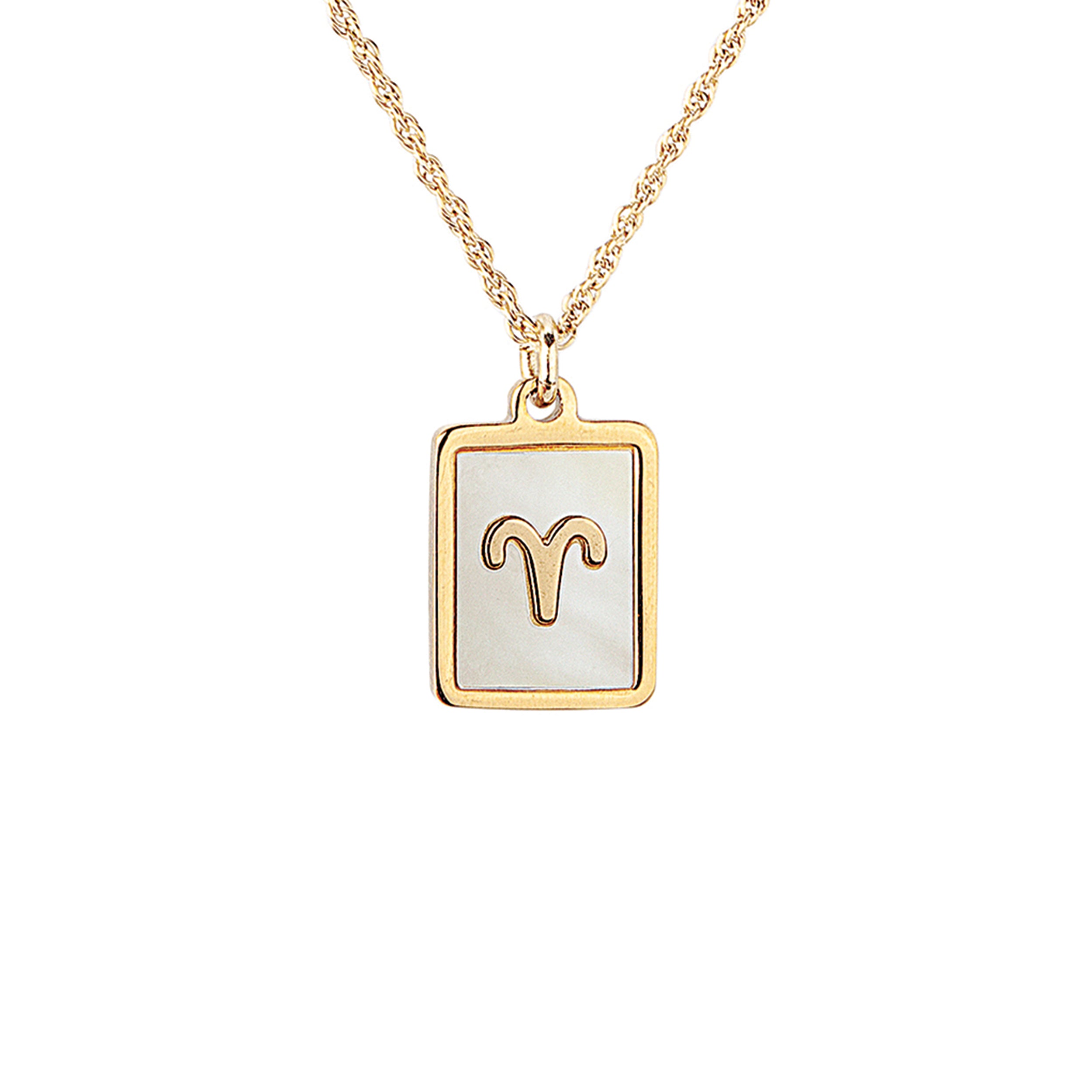 Gold necklace with a pendant featuring the Aries symbol on a white background