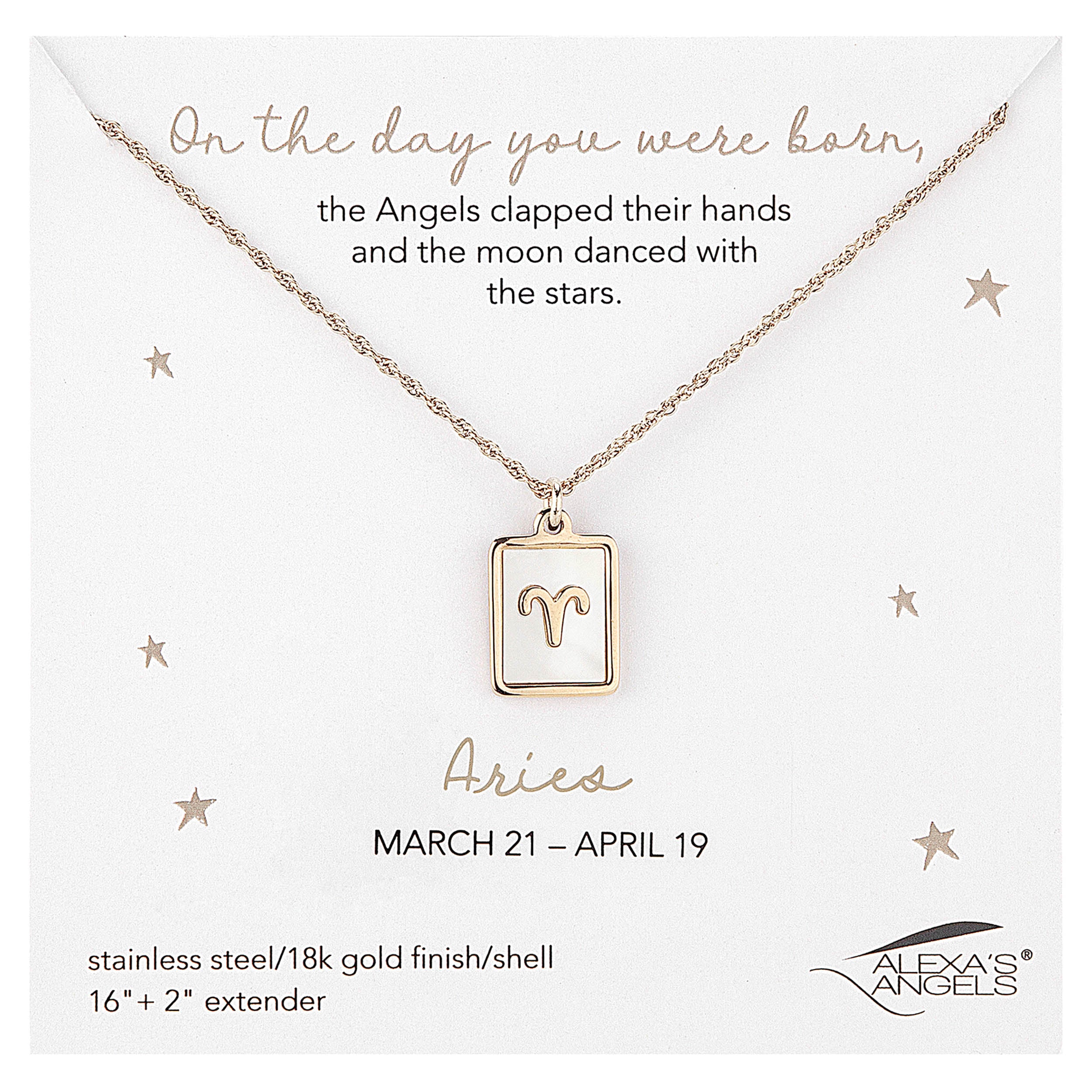 Gold Aries zodiac necklace on a white card with text and star designs