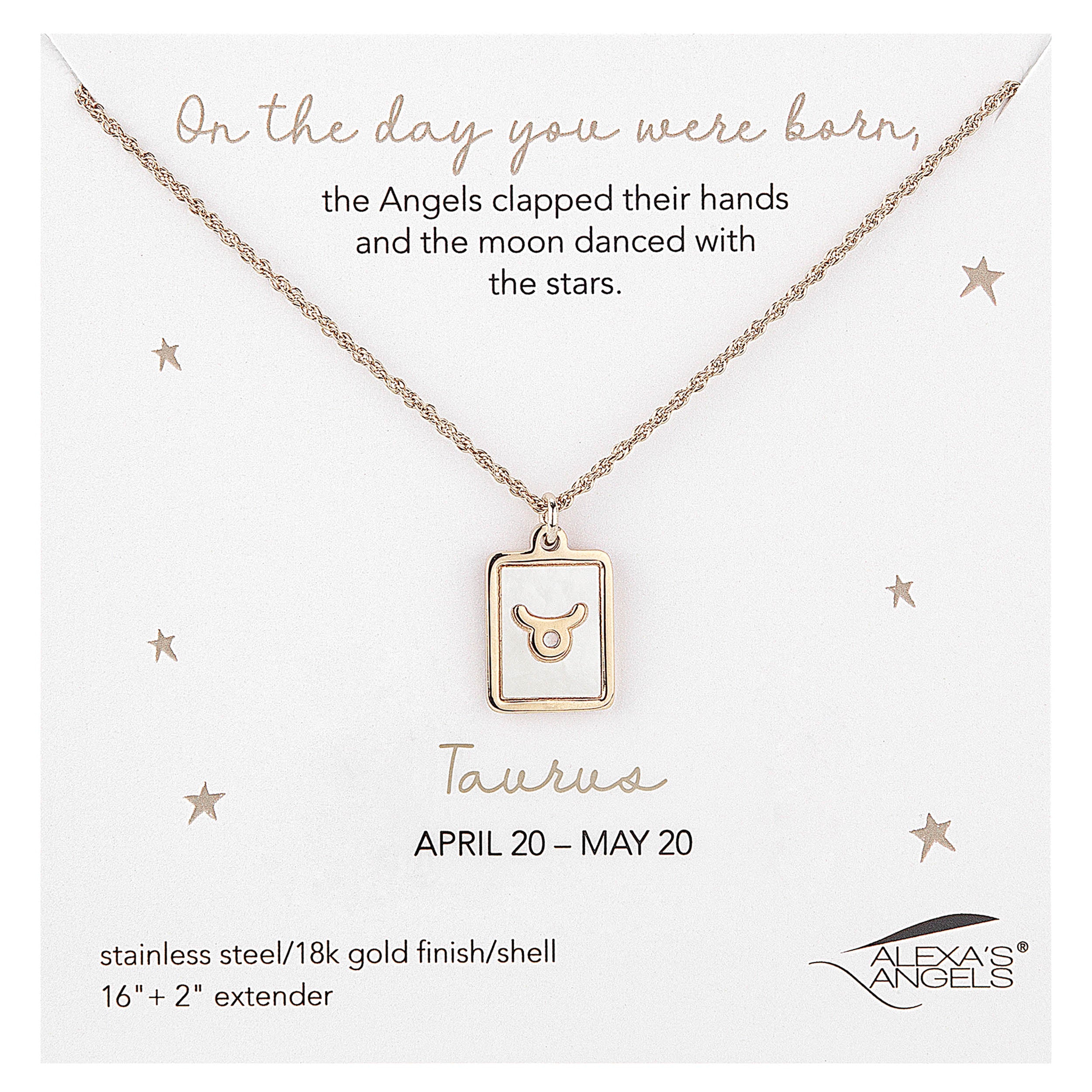 Necklace with Taurus zodiac sign pendant on a white card with text and brand logo.