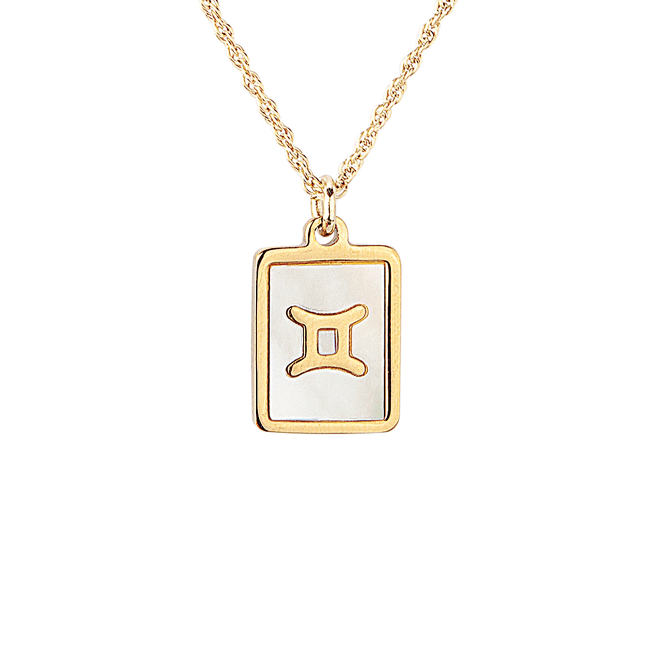 Gold necklace with a Gemini zodiac sign pendant on a white background