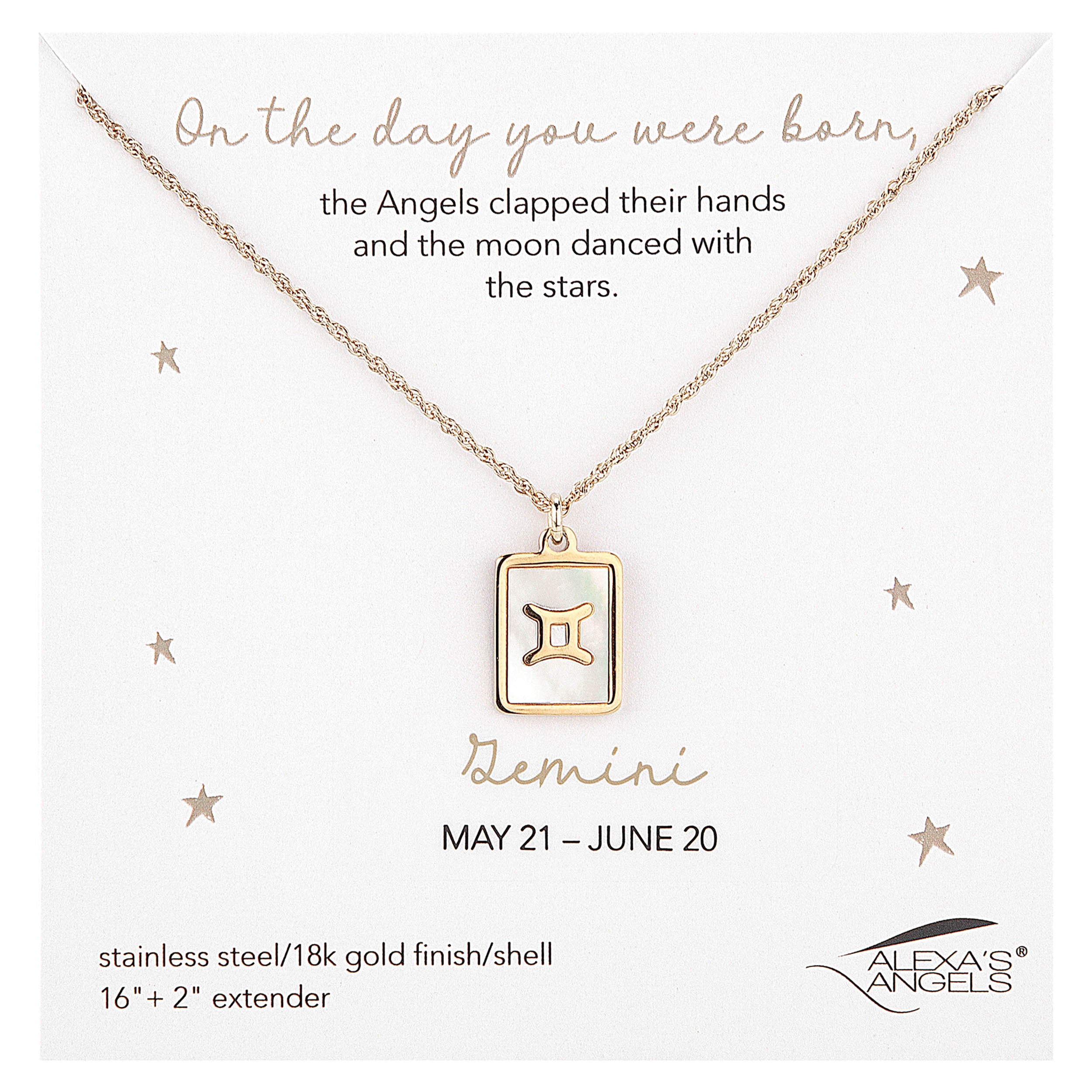 Necklace with Gemini zodiac sign pendant on a white card with text and brand logo.