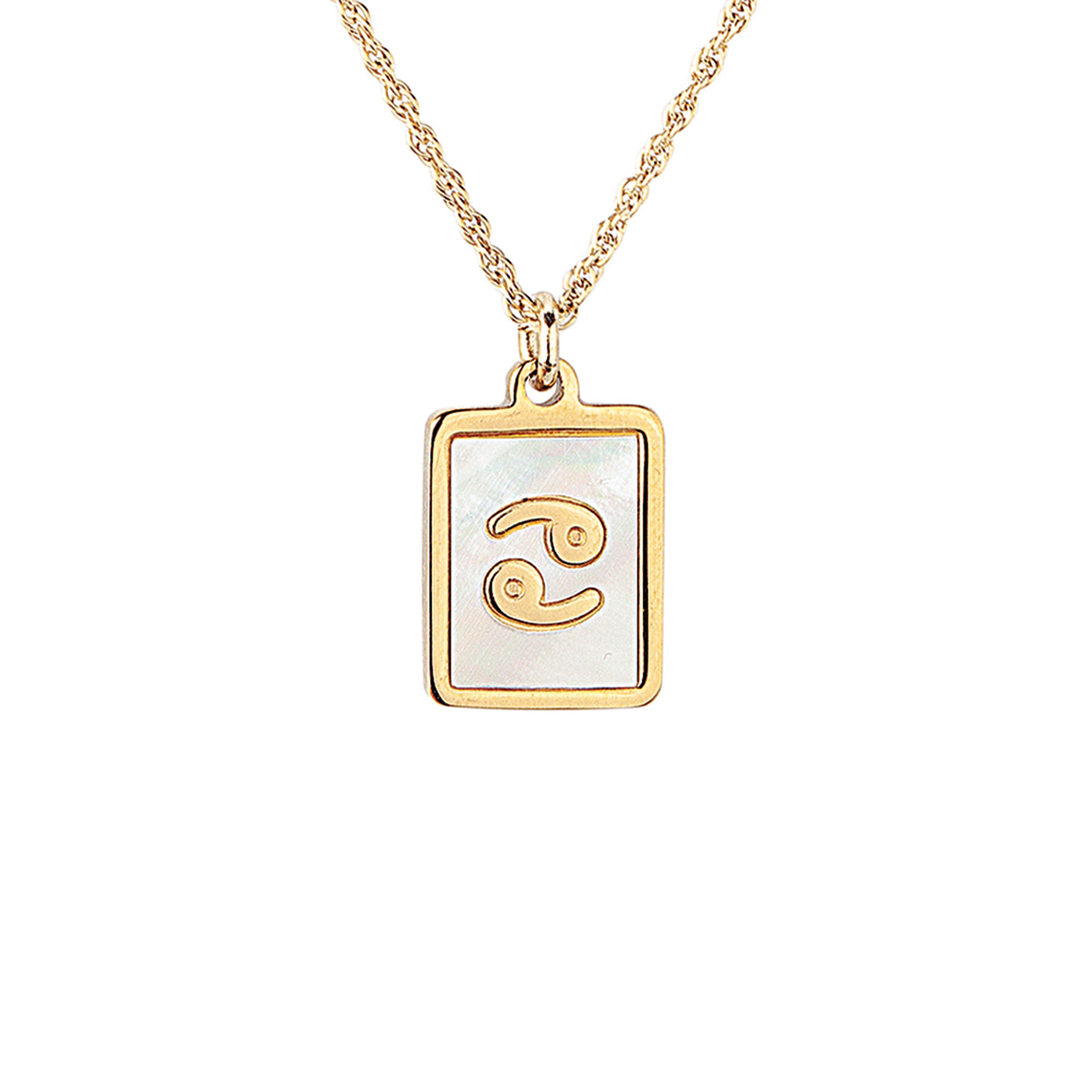 Gold necklace with a square pendant featuring a zodiac symbol on a white background