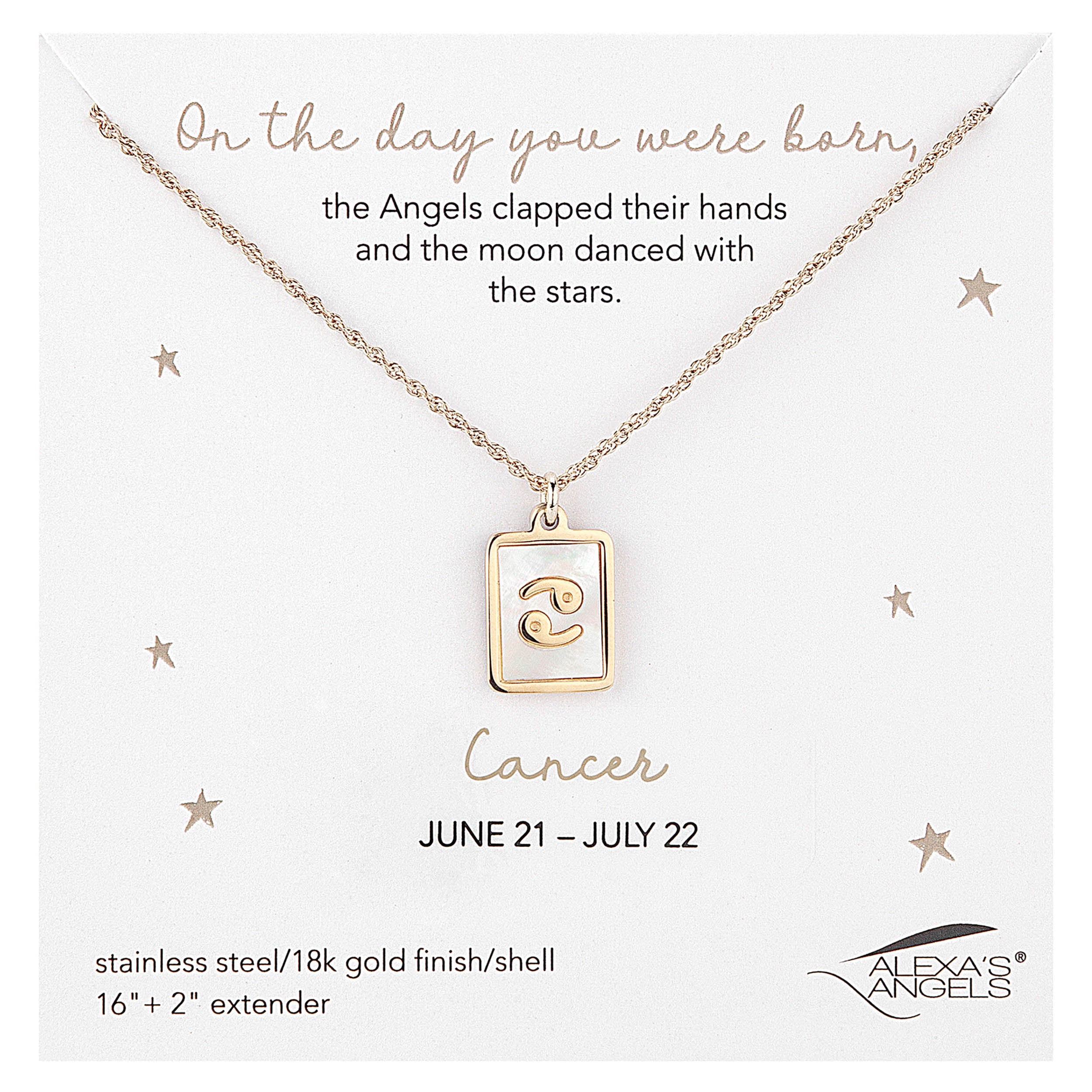 Gold necklace with Cancer zodiac symbol on a white card with text and star designs.