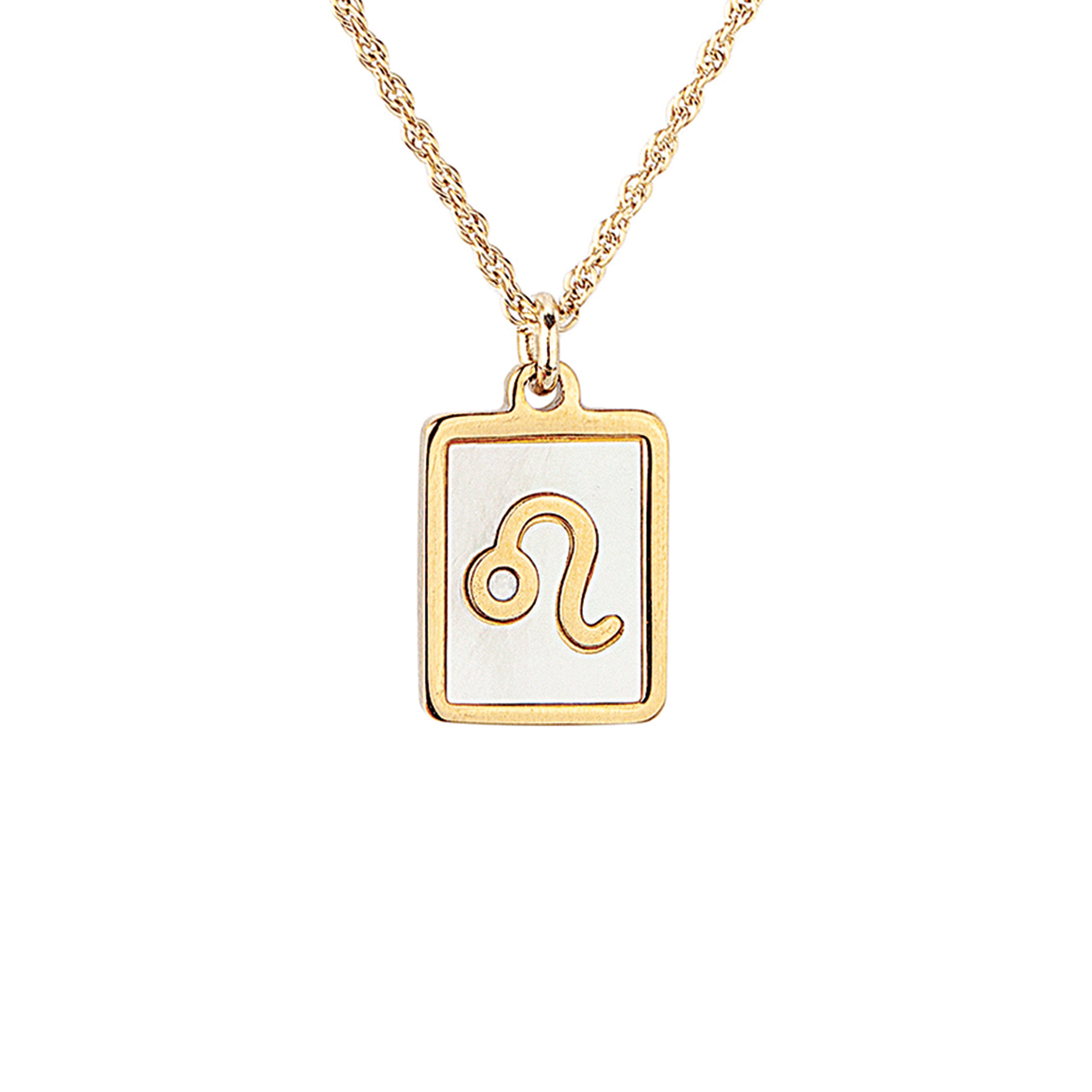 Gold necklace with a zodiac sign pendant on a white background