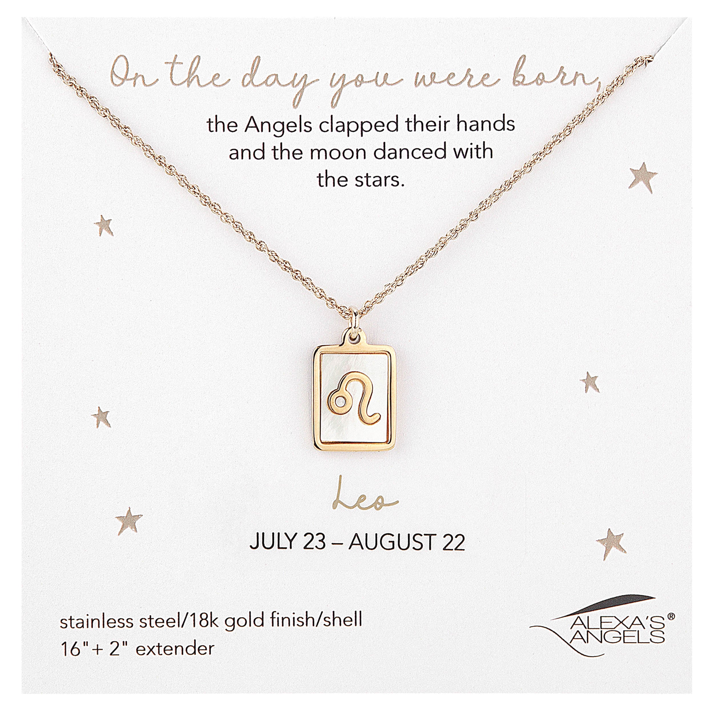 Gold necklace with Leo zodiac symbol on a white background with text and brand logo.