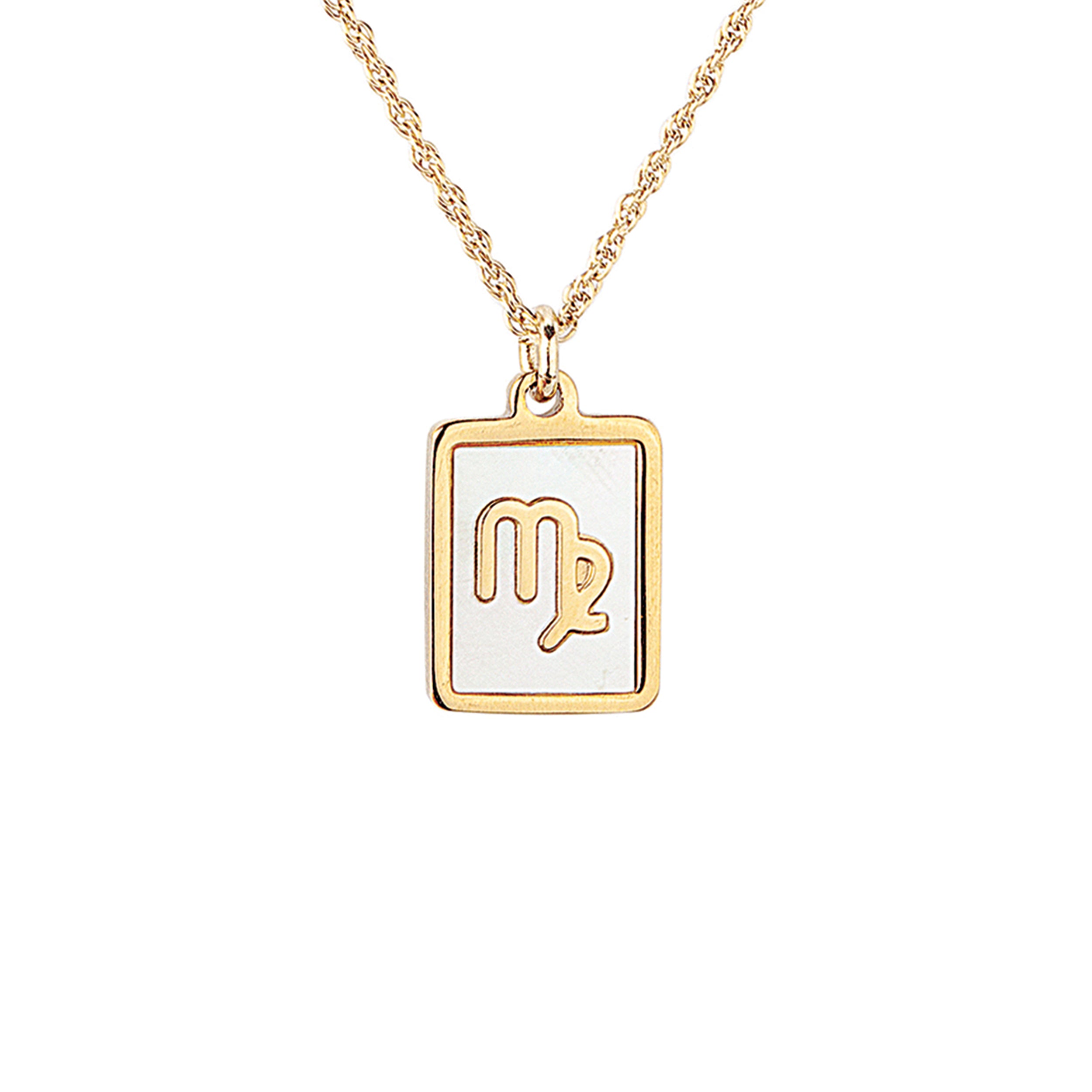 Gold necklace with a Virgo zodiac sign pendant on a white background