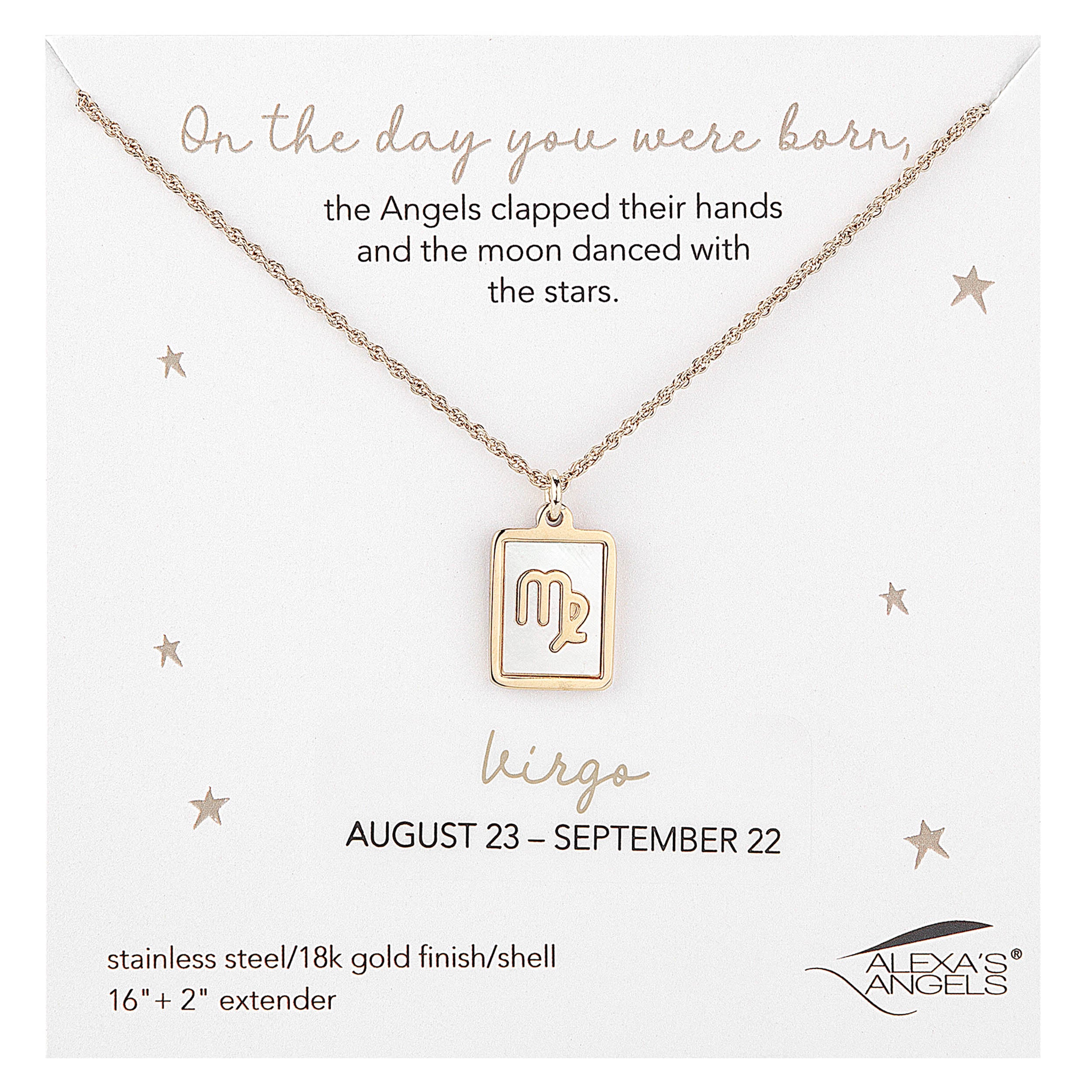 Gold Virgo necklace on a white card with text and branding