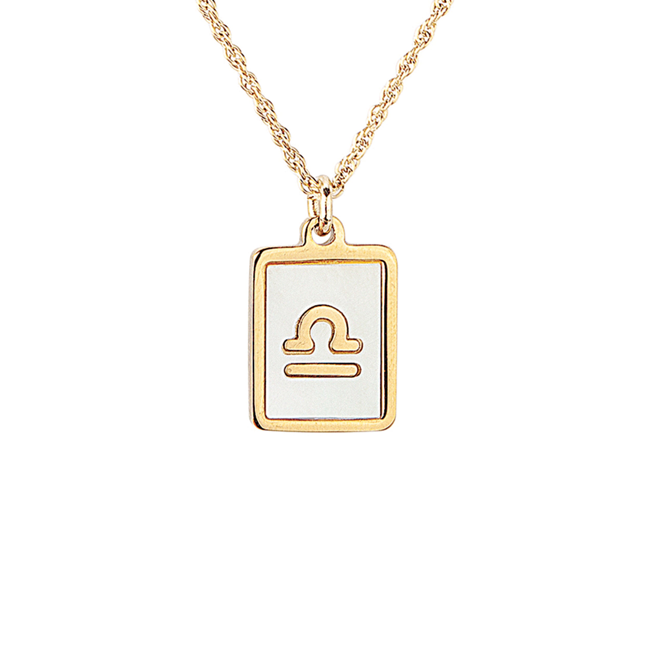 Gold necklace with Libra zodiac sign pendant on a white background