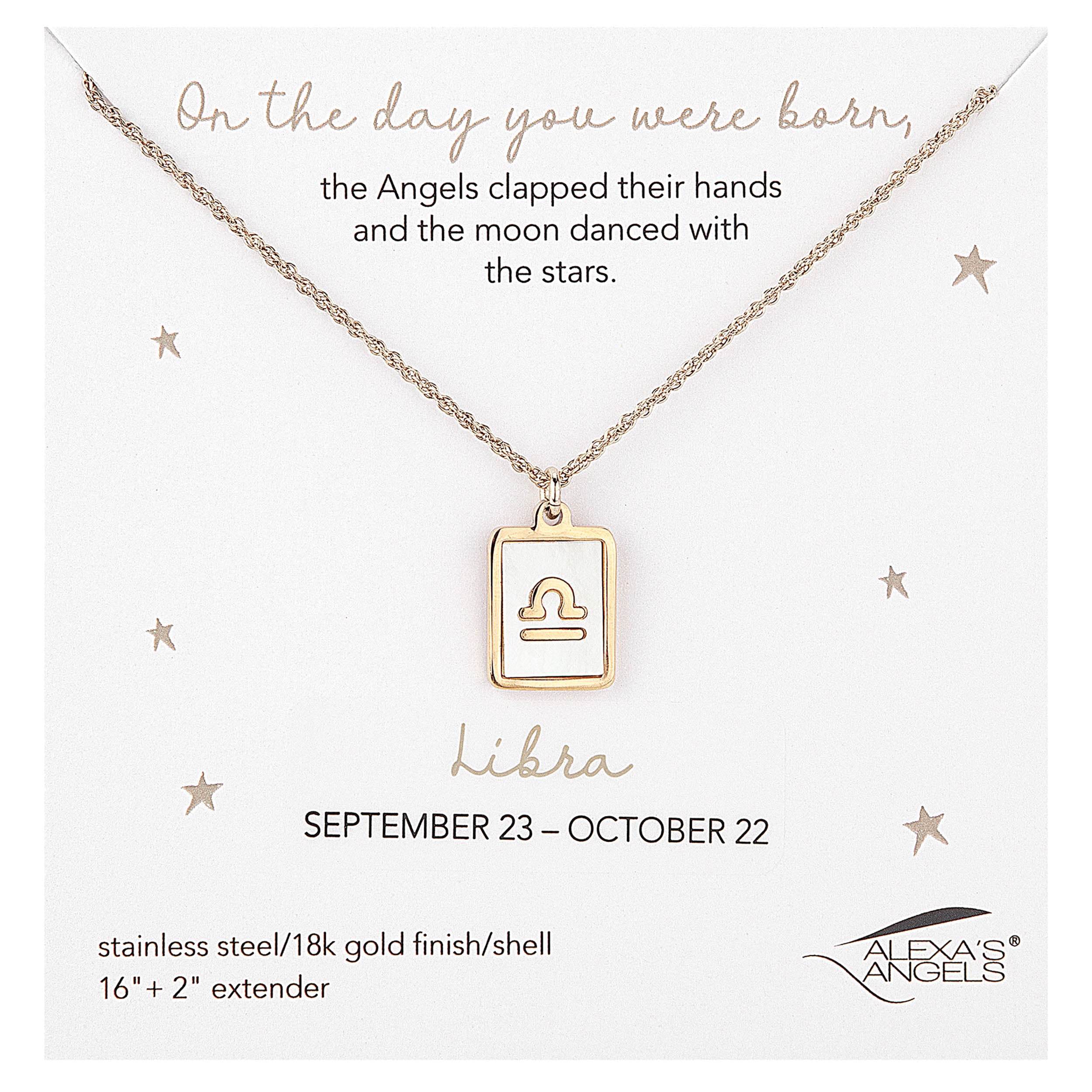 Gold Libra zodiac necklace on a white card with text and branding