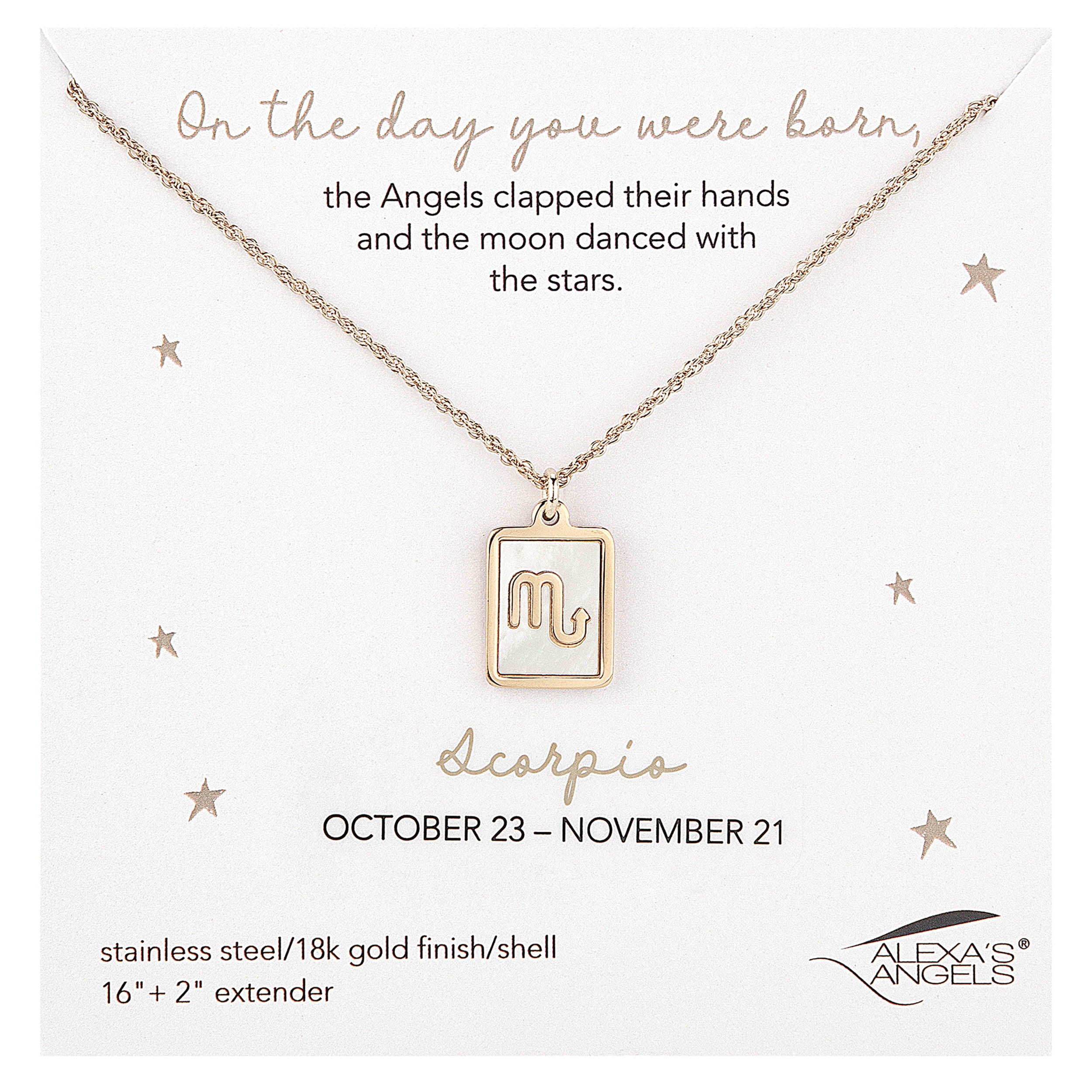 Scorpio zodiac necklace with gold finish on a white card with text and star designs.