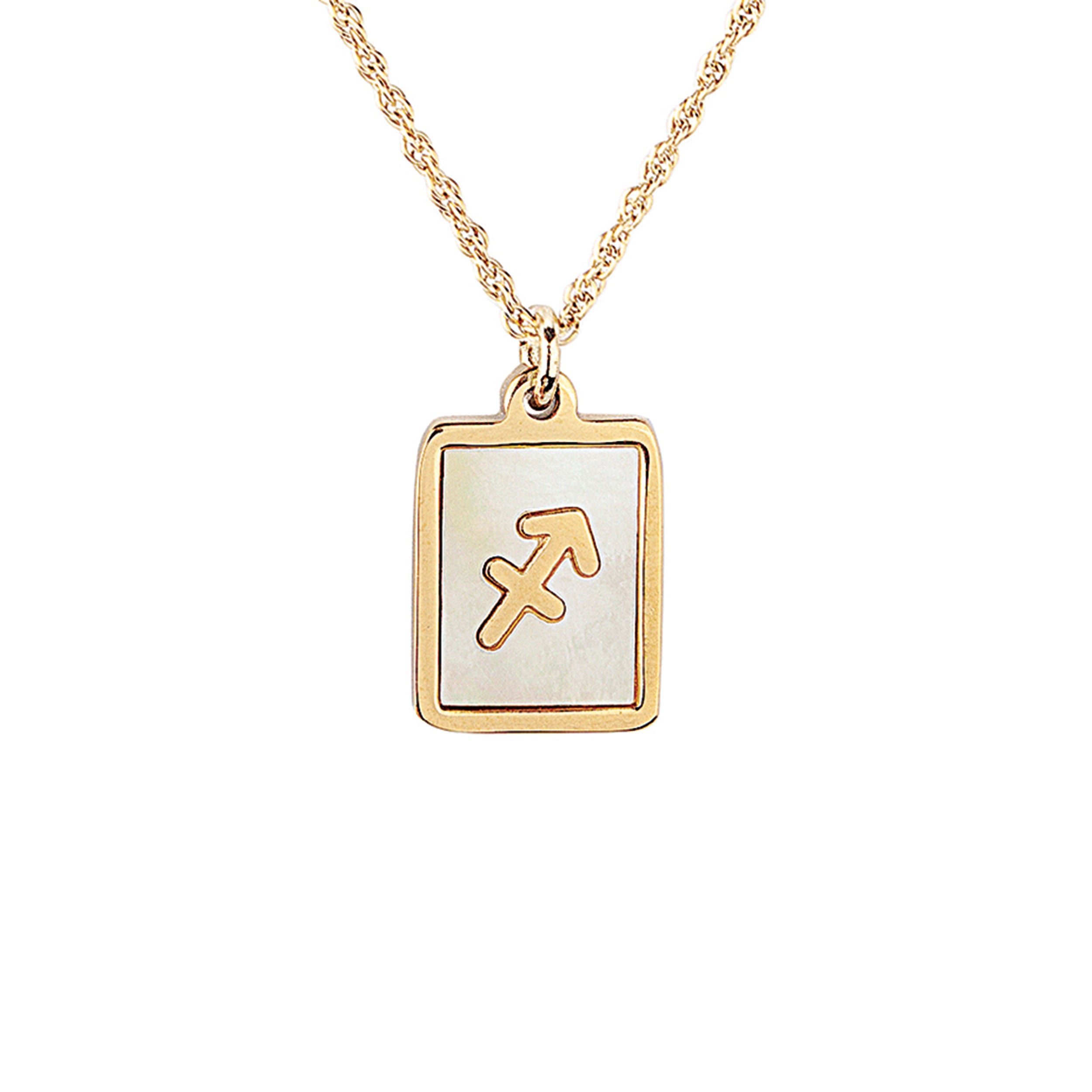 Gold necklace with a pendant featuring an astrological symbol on a white background