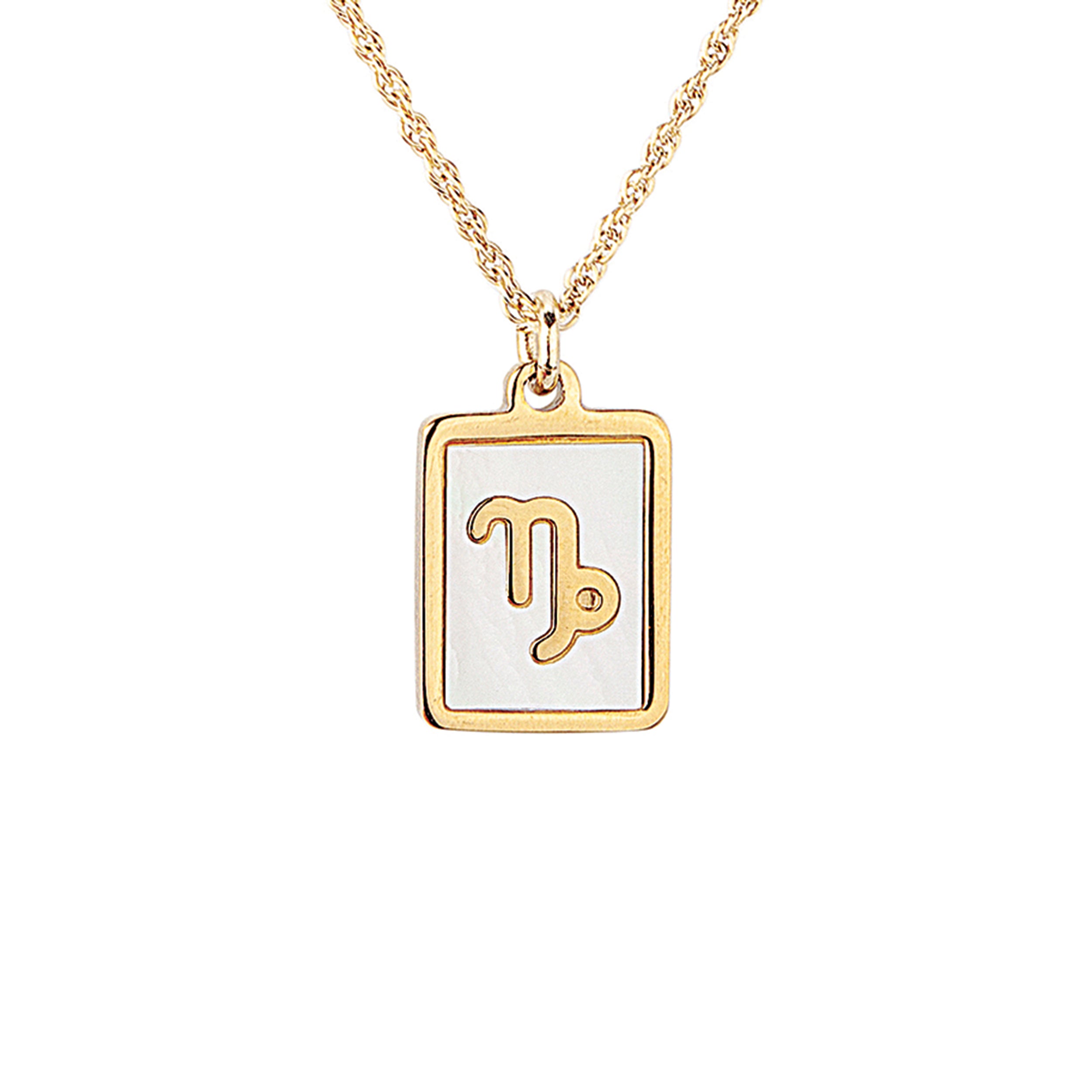 Gold necklace with a square pendant featuring the Capricorn zodiac symbol on a white background
