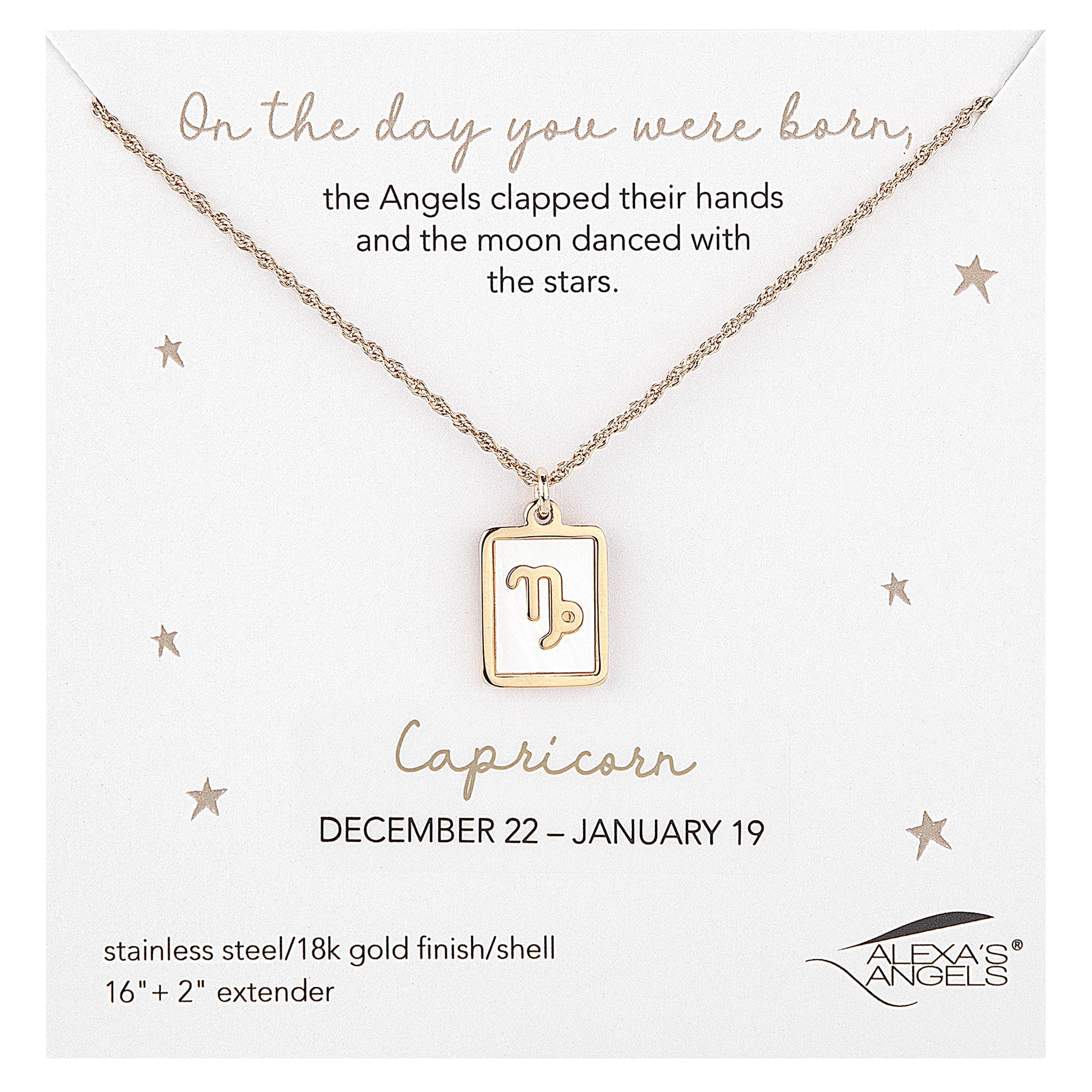 Gold Capricorn necklace on a white card with text and brand logo.