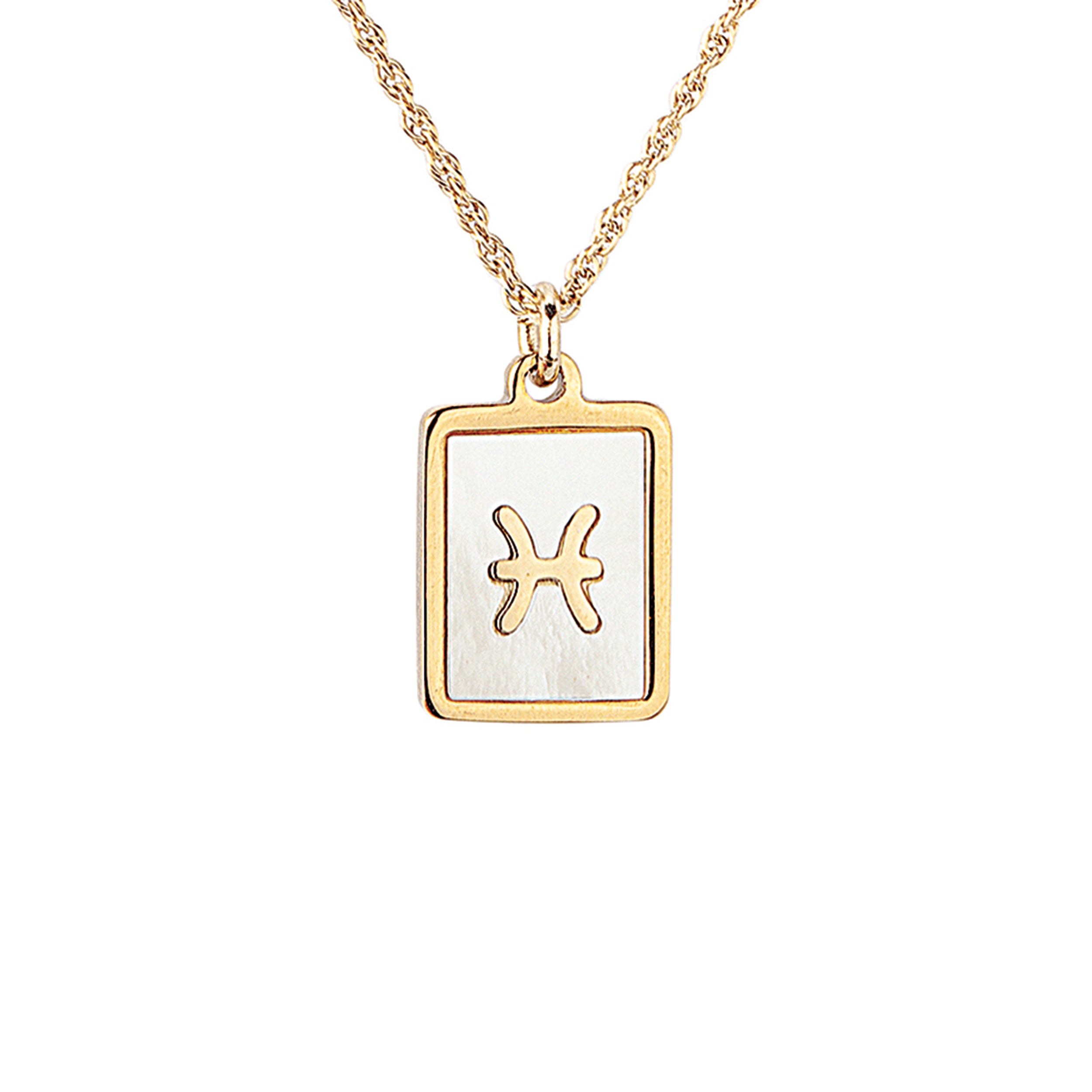 Gold necklace with a square pendant featuring a Zodiac design on a white background