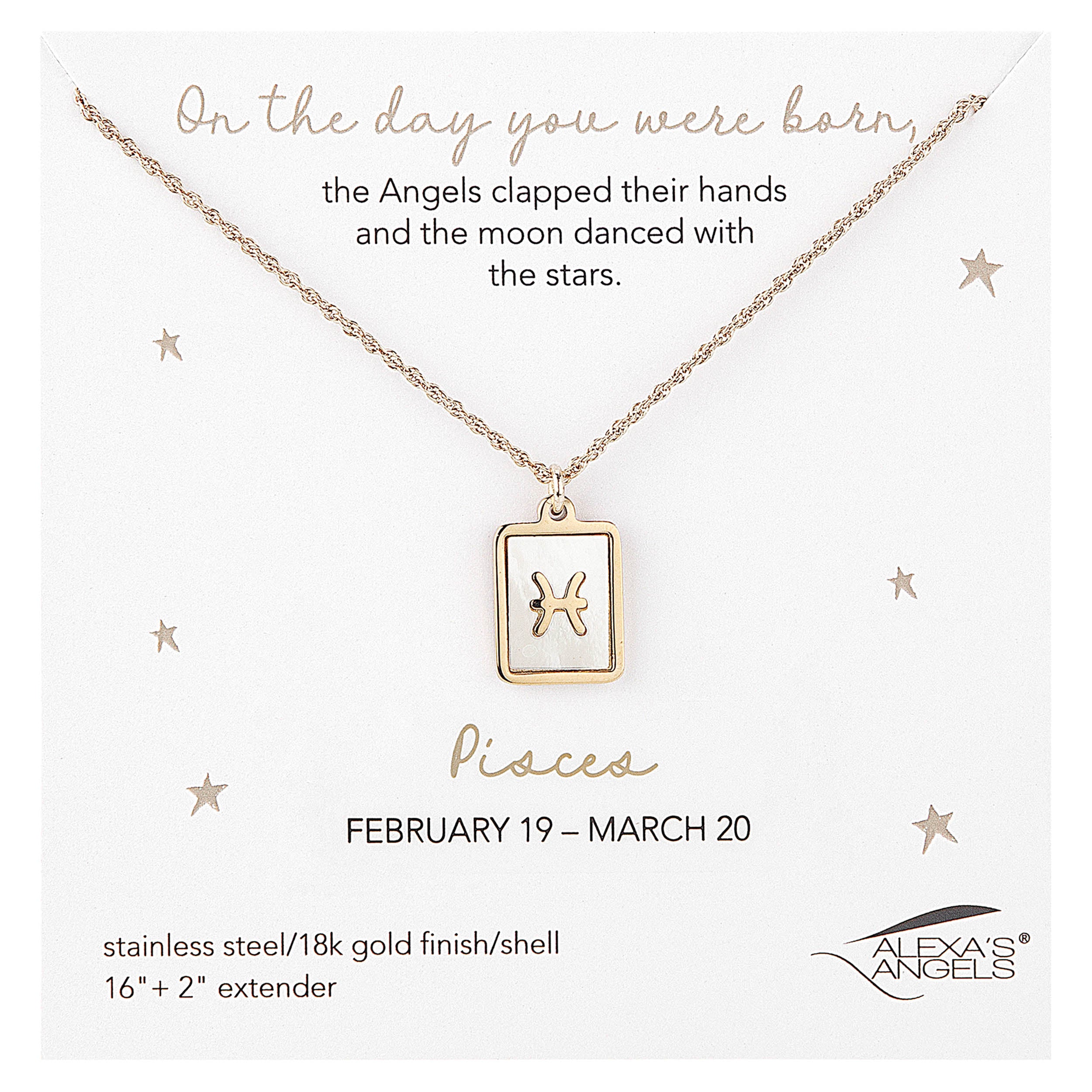 Necklace with Pisces zodiac symbol on a white background with text and brand logo.