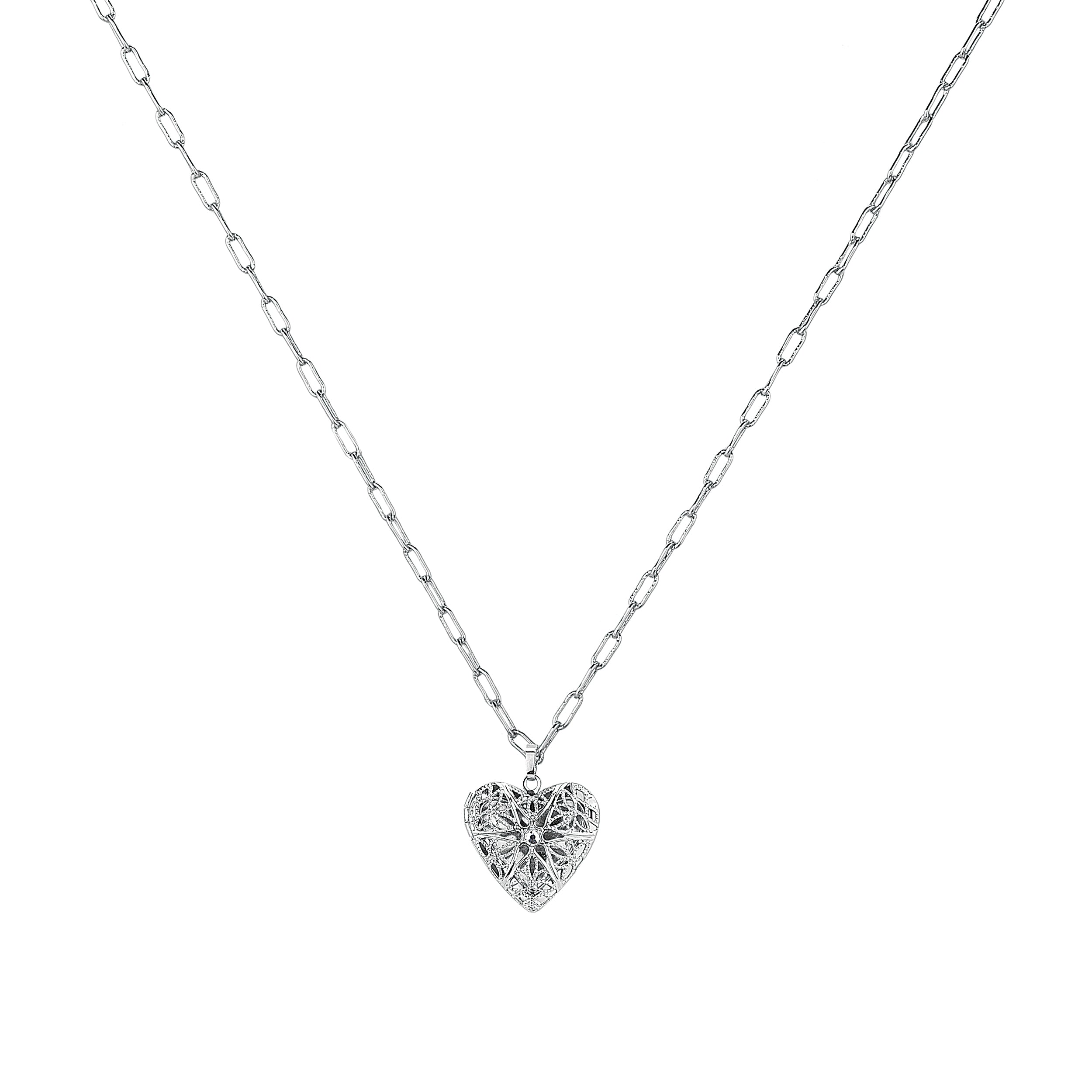Silver heart-shaped locket pendant necklace on a white background