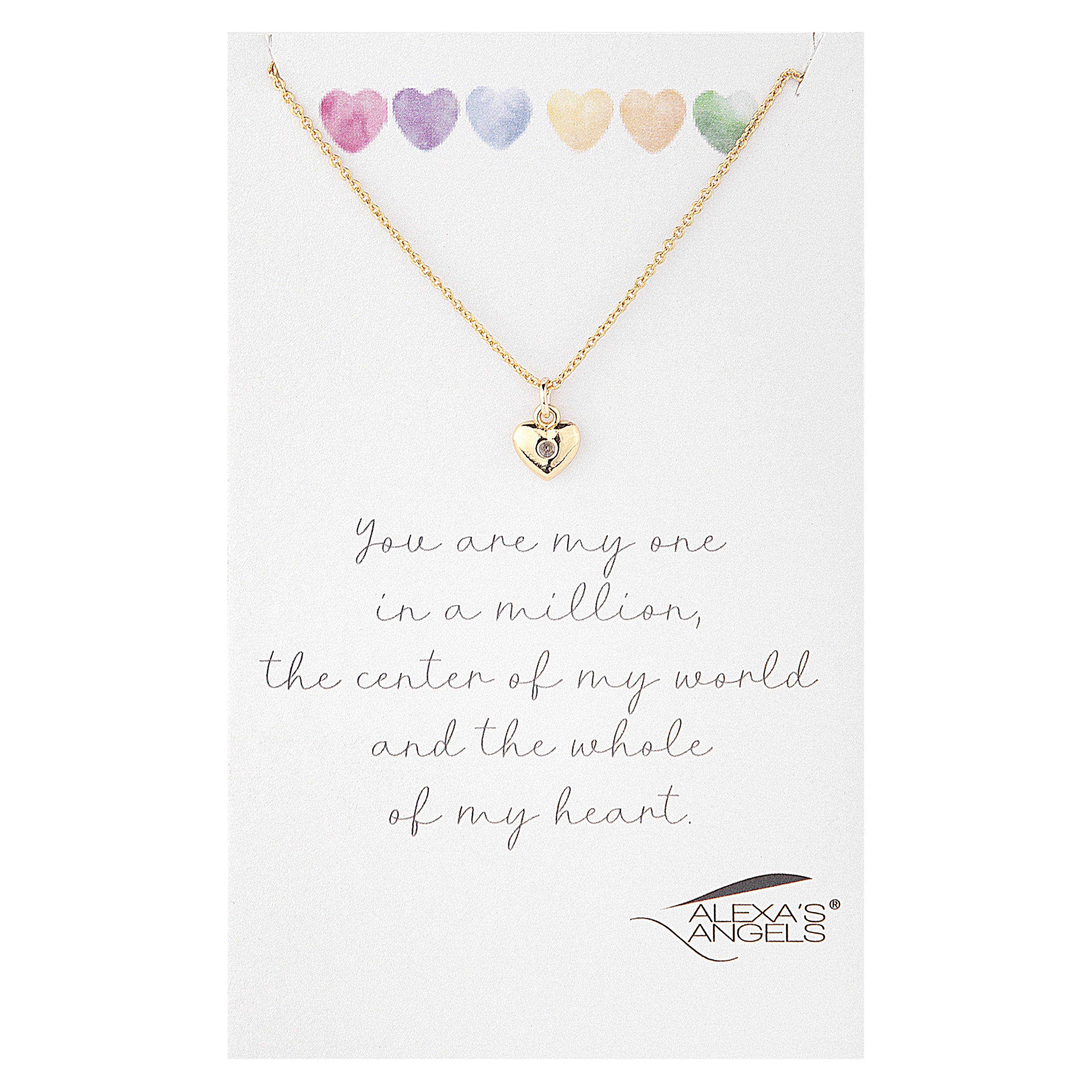 Gold necklace with heart pendant on a white card with sentimental message and Alex's Angels logo.