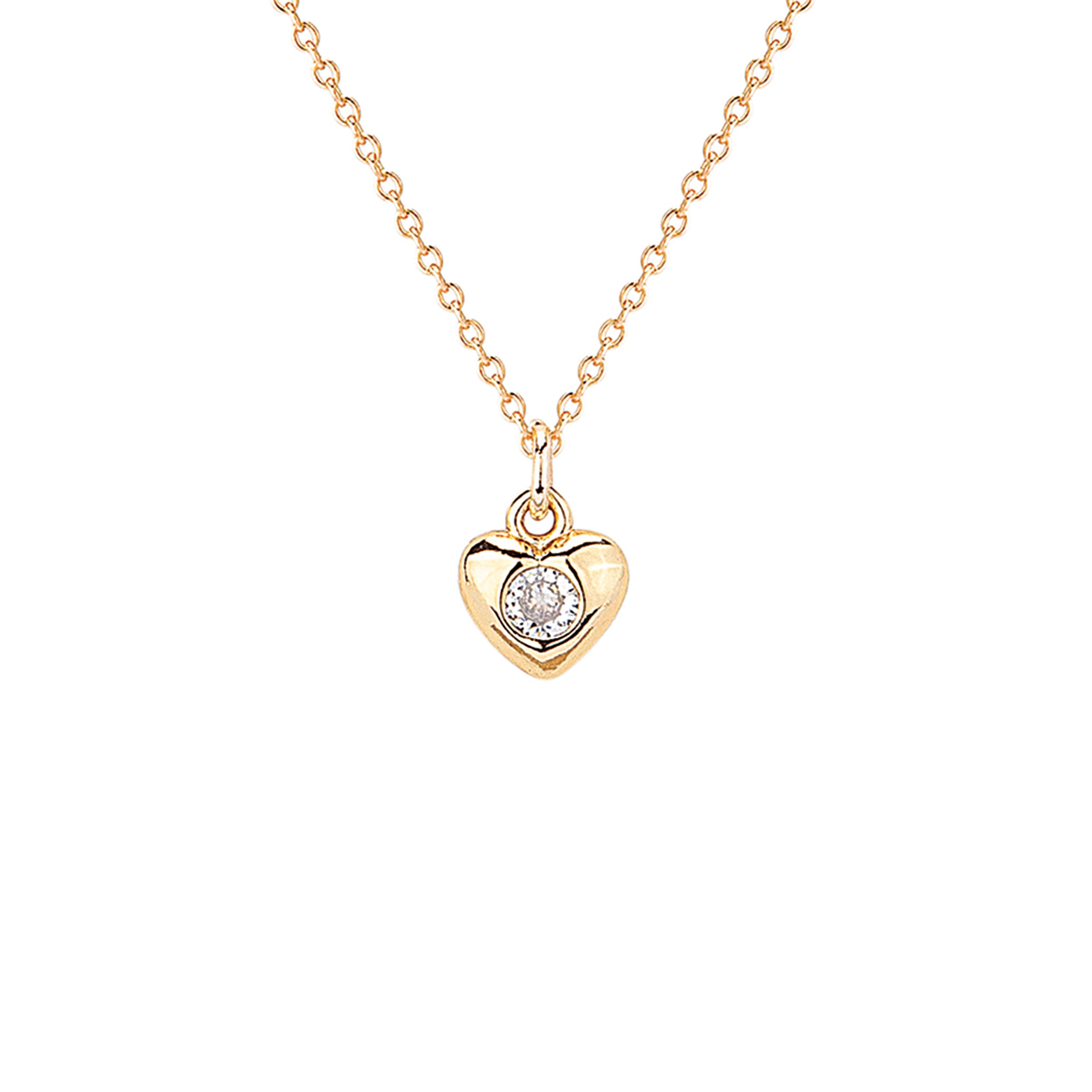 Gold heart-shaped necklace with a diamond on a white background