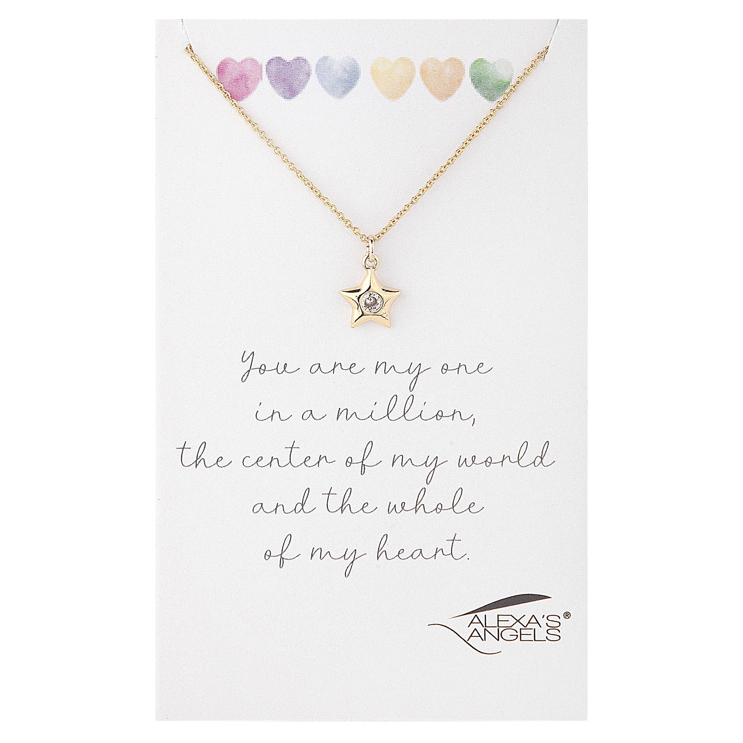 Gold necklace with star pendant on a card with sentimental message and brand name