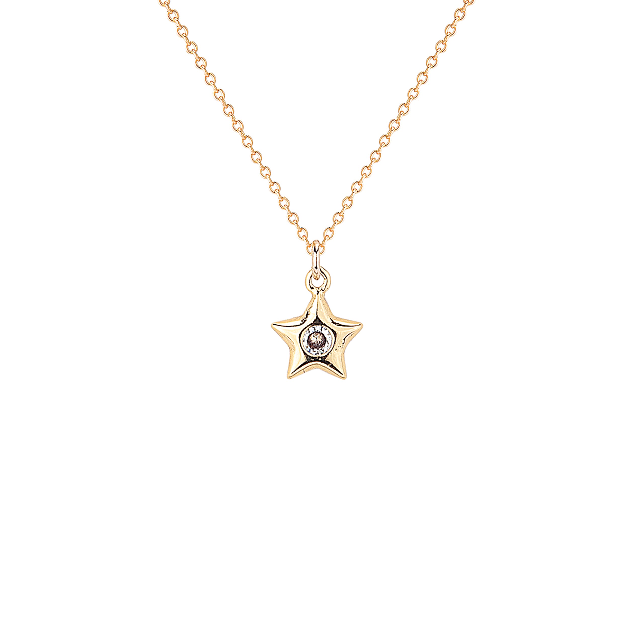 Gold star-shaped necklace with a small gemstone on a white background