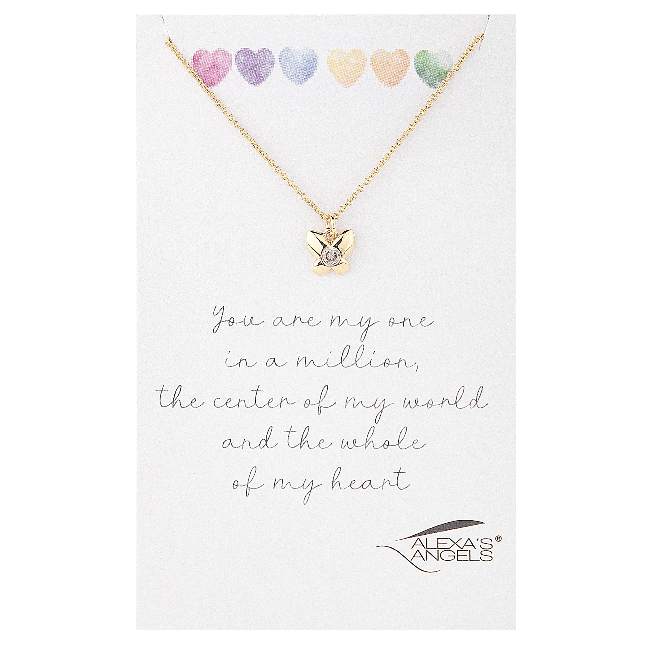 Gold necklace with a heart pendant on a white card with text and colorful hearts.