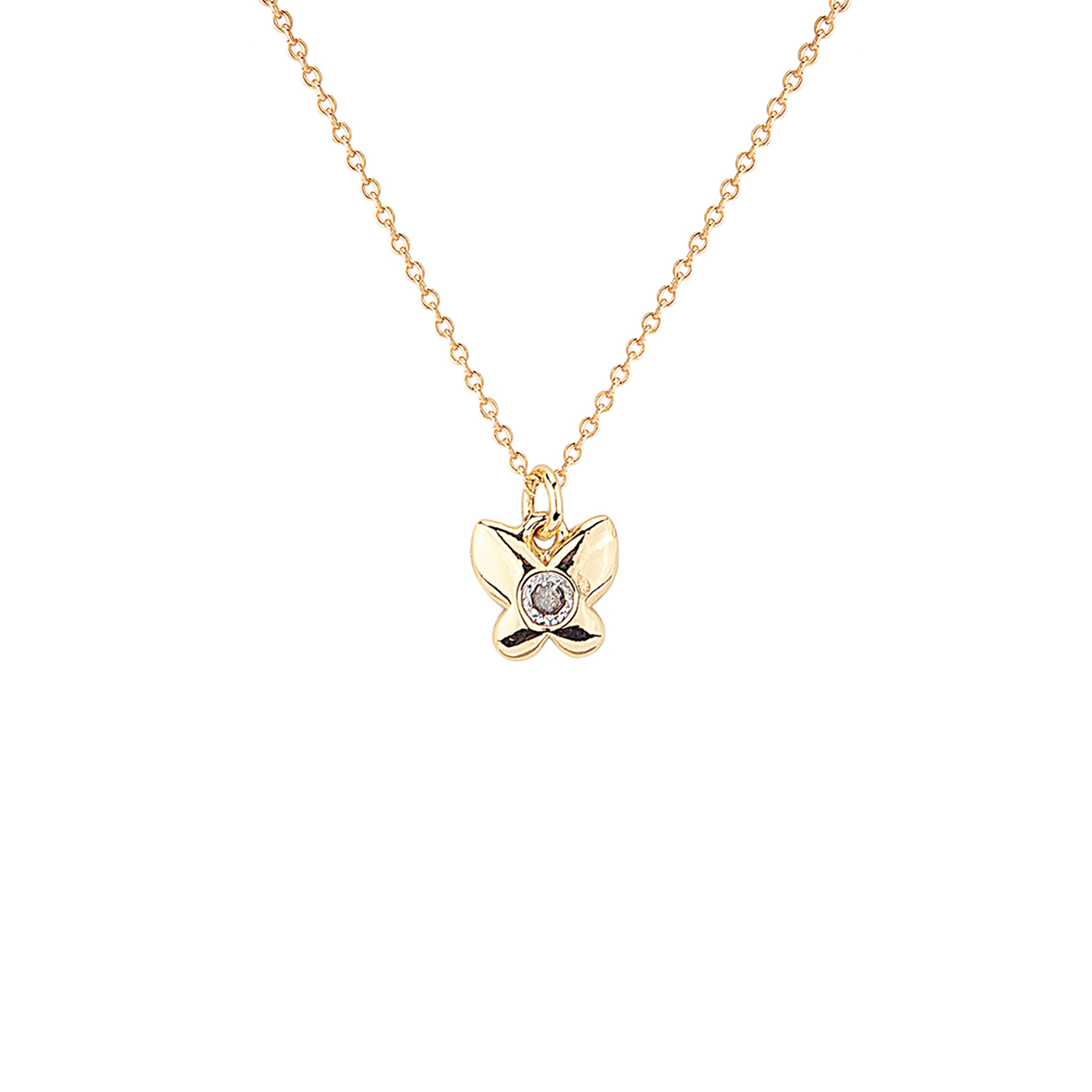 Gold butterfly necklace with a diamond on a white background