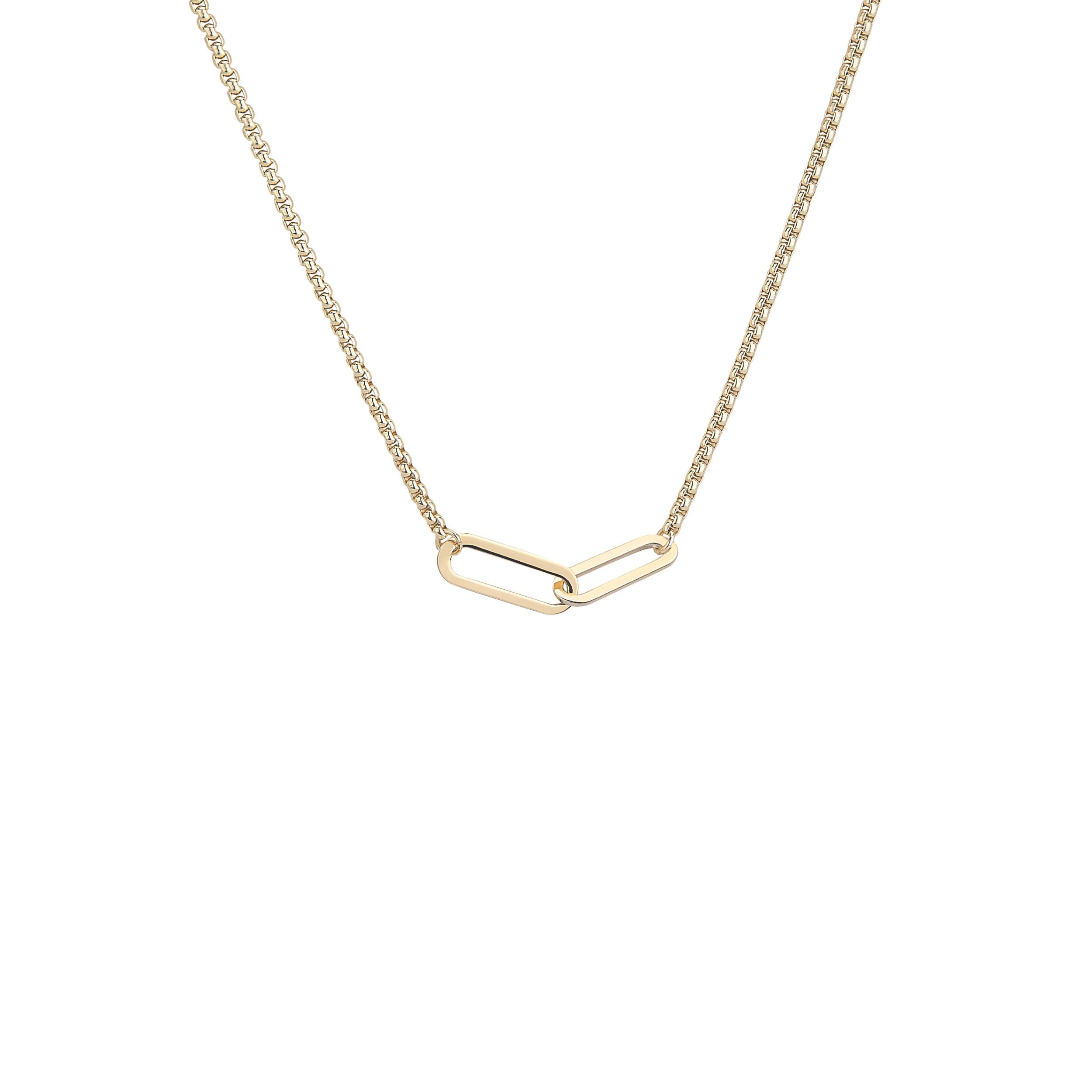 Gold necklace with a unique clasp design on a white background
