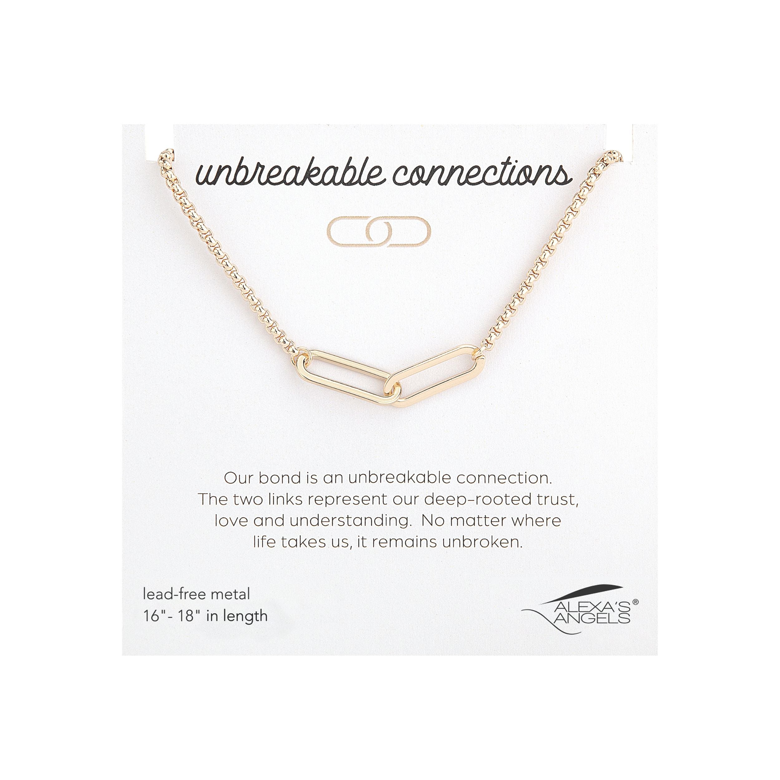 Gold necklace with interlocking links on a white background, featuring 'unbreakable connections' text.