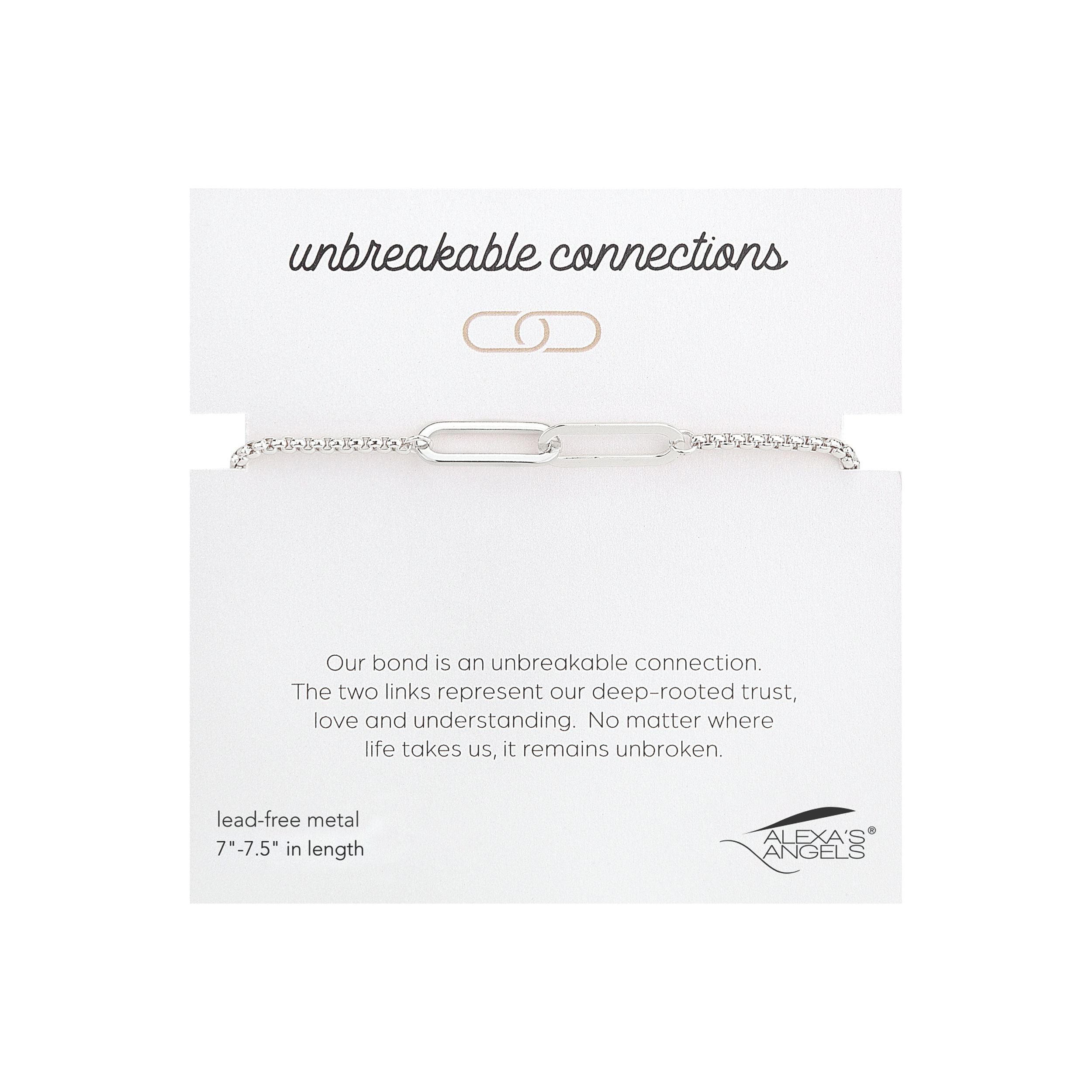 Jewelry packaging with 'unbreakable connections' text and Alex's Angels branding.
