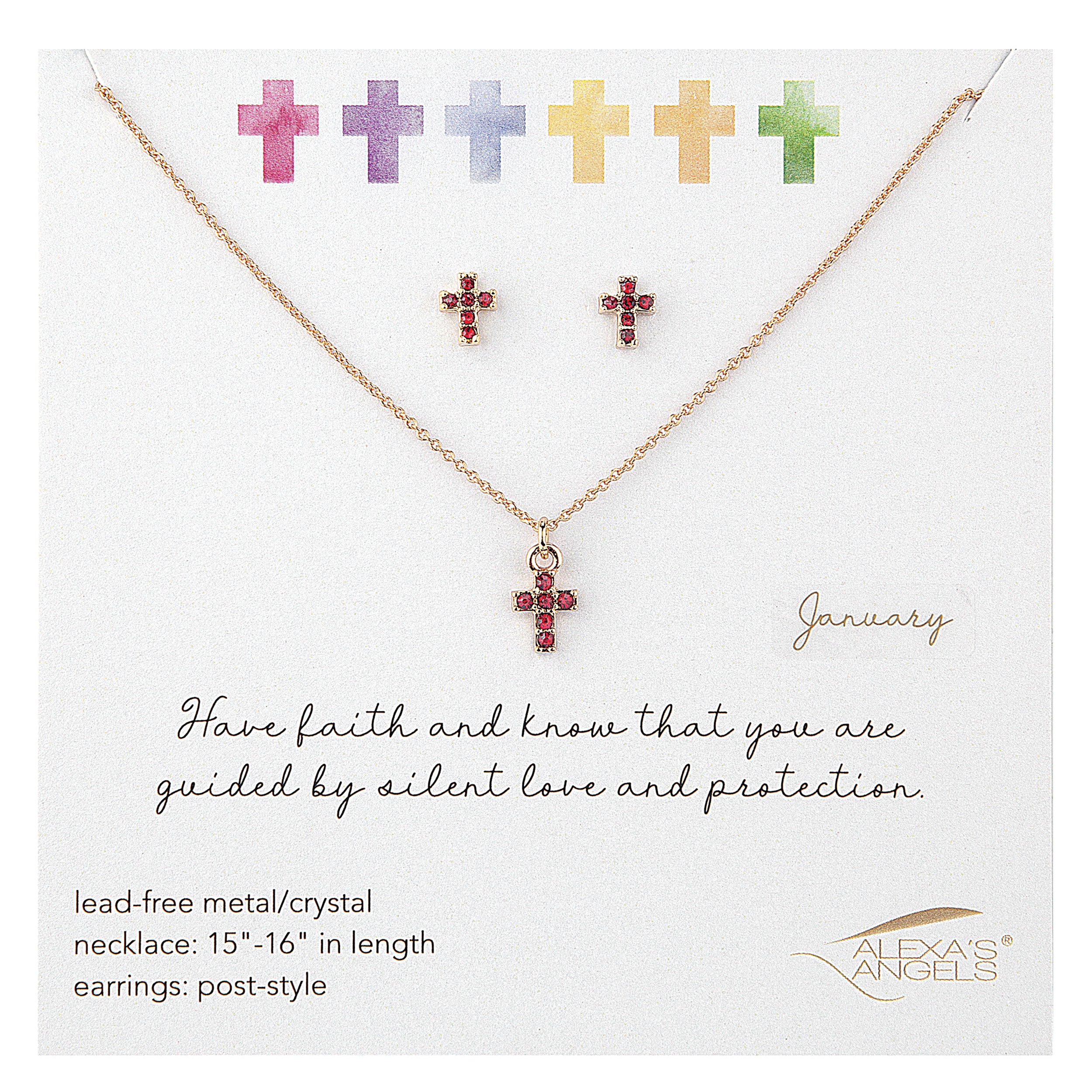 Jewelry set with cross necklace and earrings on a card, featuring Alexas Angels branding.