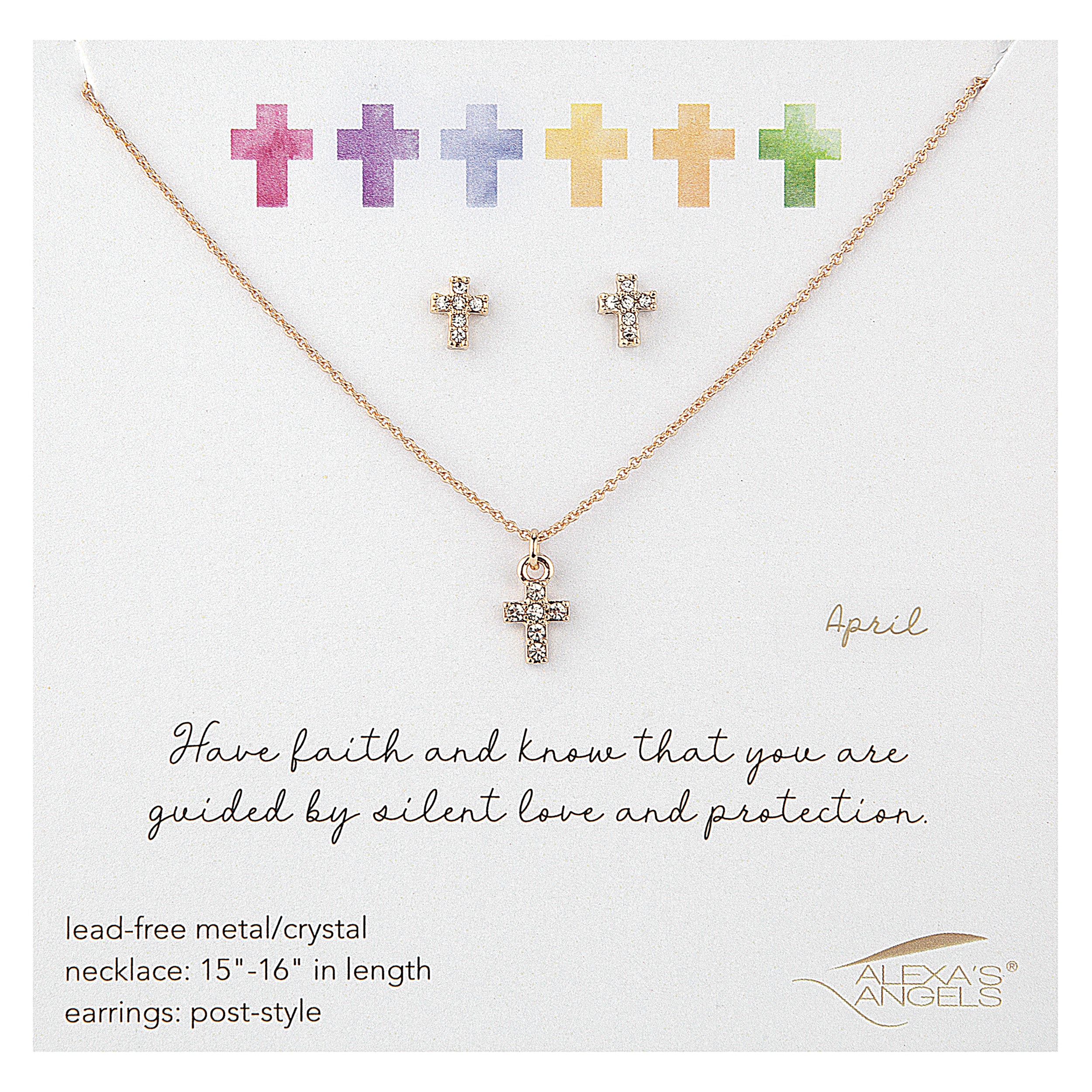 Gold cross necklace and earrings on a white card with colorful cross pendants above.