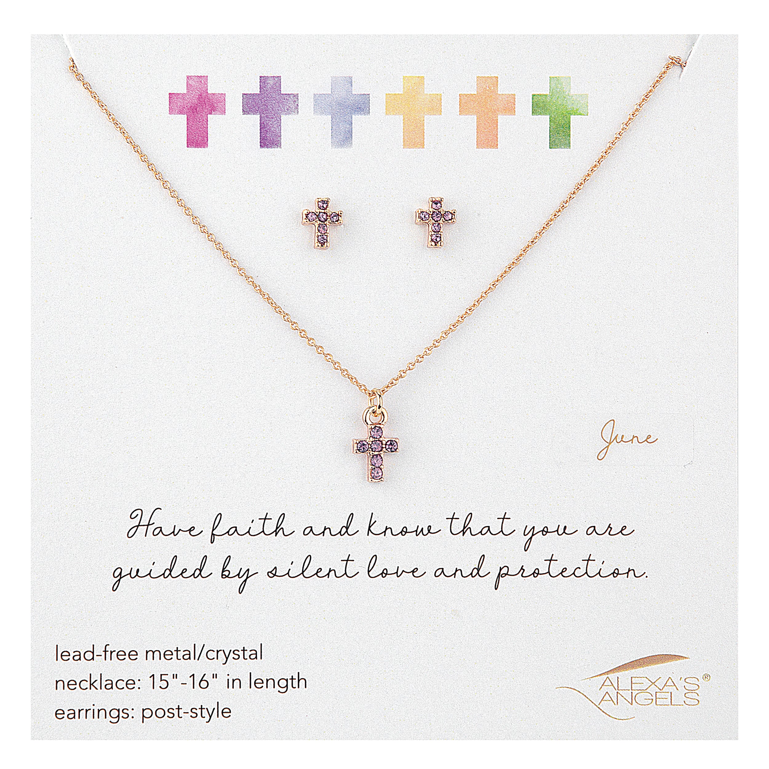 Necklace and earrings set with cross designs on a card, featuring Alexa's Angels branding.