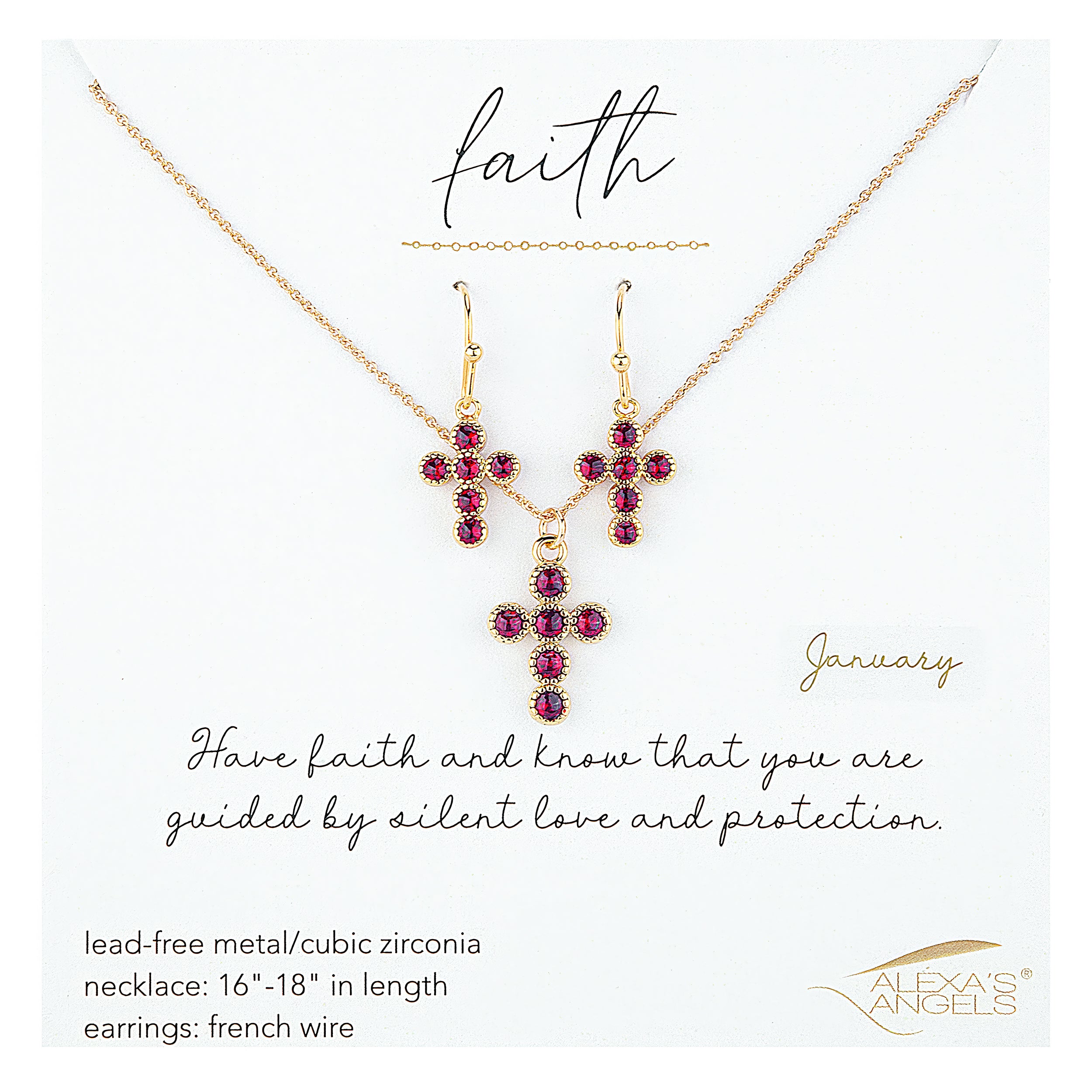 Jewelry set with cross designs on a white background, featuring 'faith' text and Alexas angels logo.