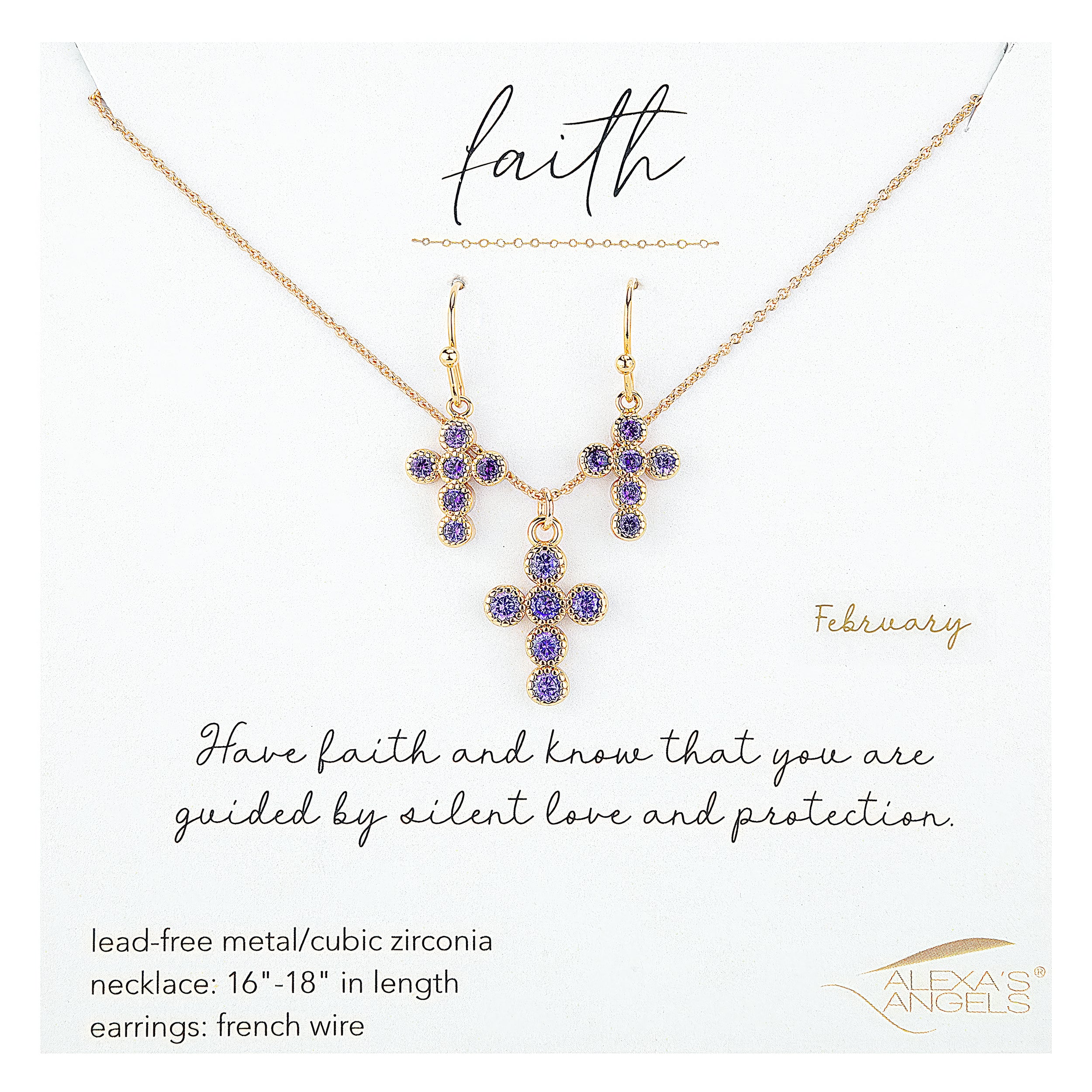 Gold jewelry set with cross pendant and earrings on a white background, featuring the brand 'Alexa's Angels'.