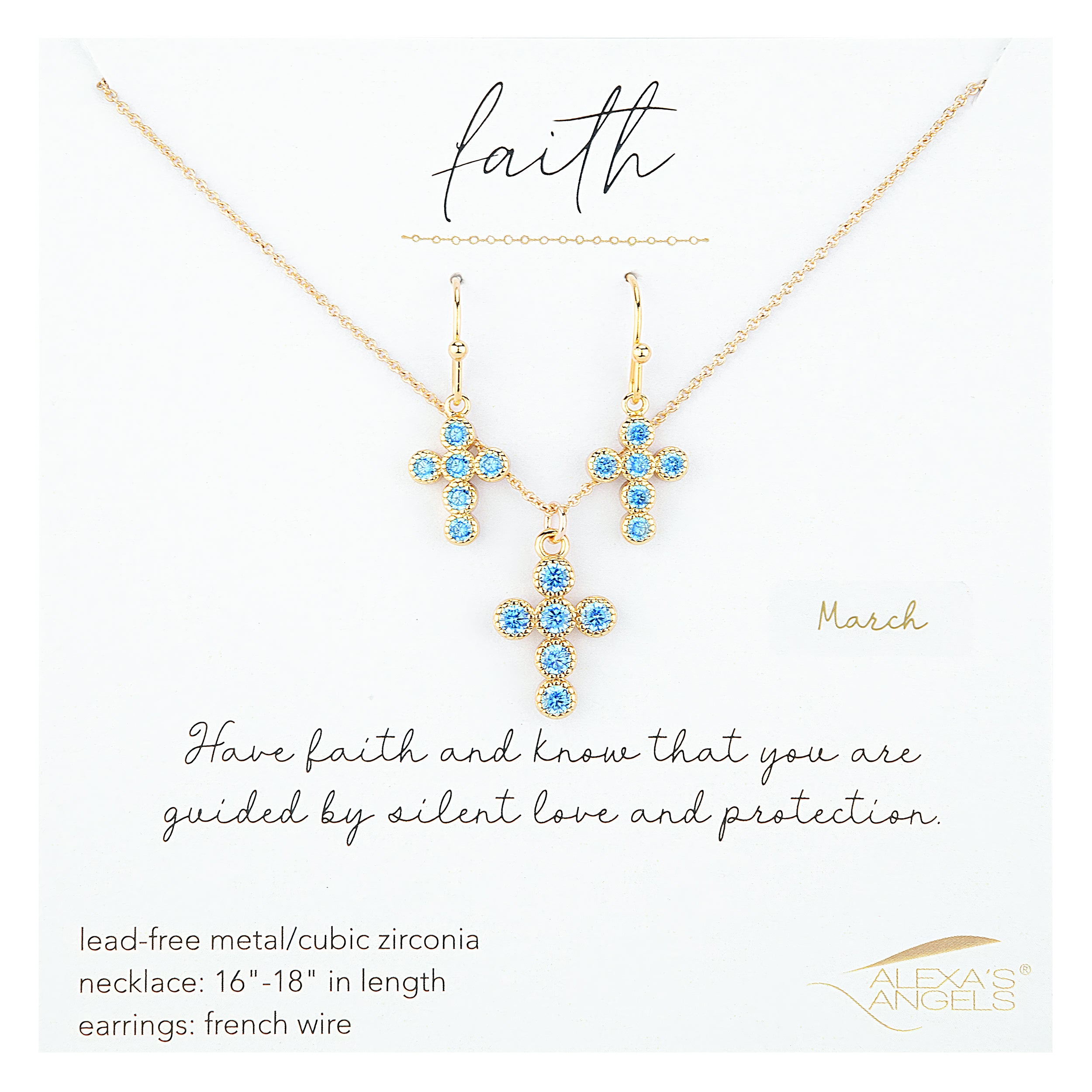 Gold cross jewelry set with blue gemstones on a white background, featuring the brand 'Alexas Angels'.