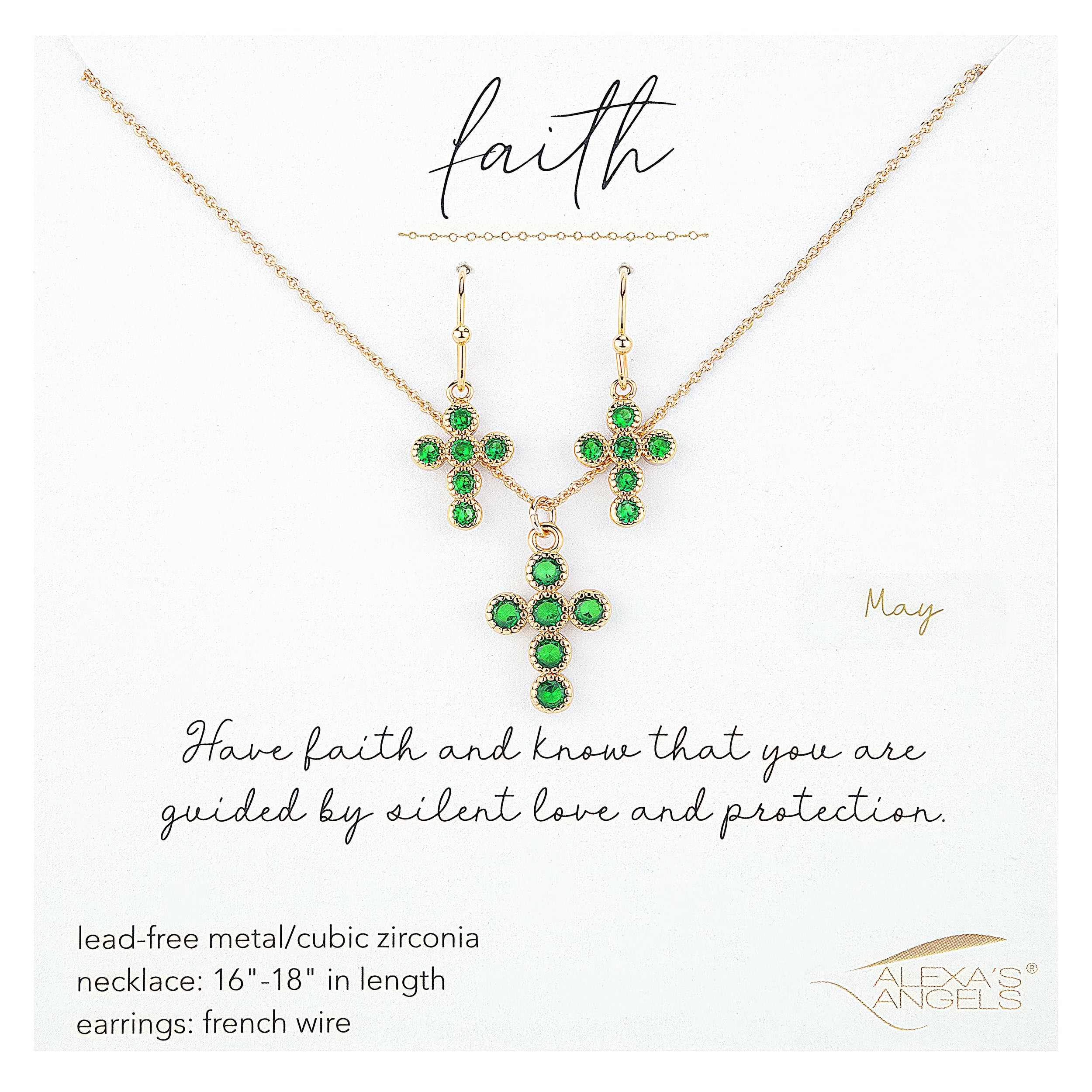 Gold cross necklace and earrings with green gemstones on a white background, featuring the brand 'Alexas angels'.